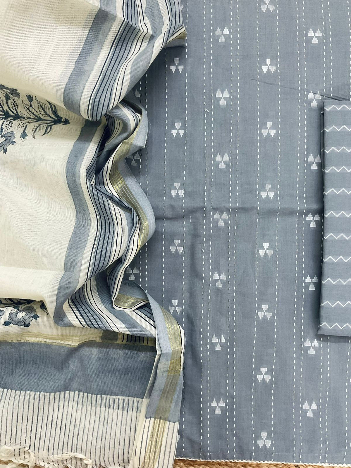 Pure Handloom Cotton Printed Self Weaved Embroidered Suit - Grey