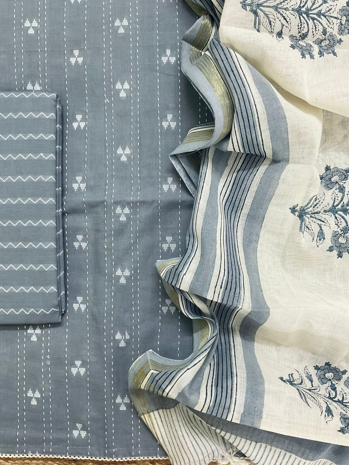 Pure Handloom Cotton Printed Self Weaved Embroidered Suit - Grey