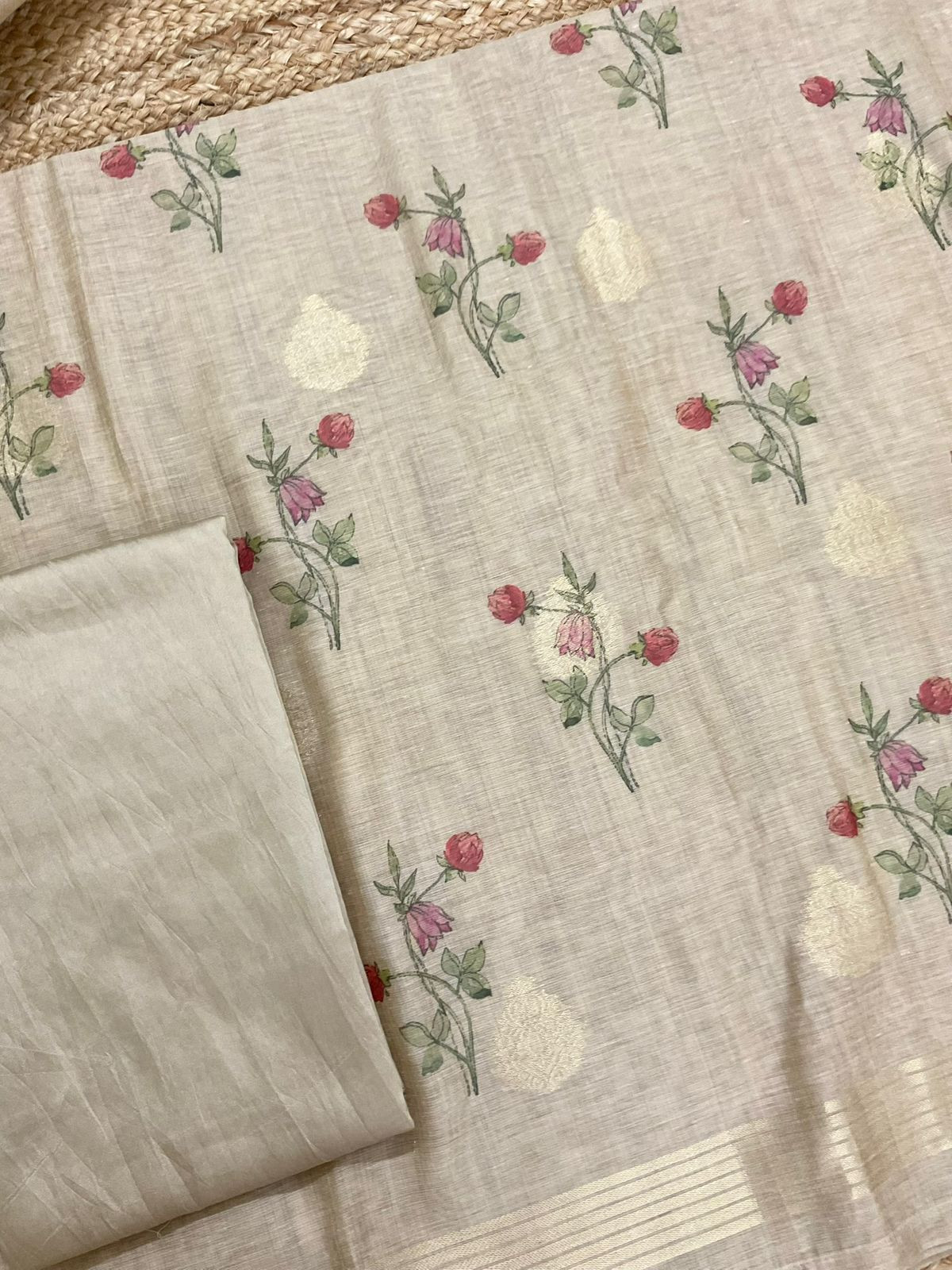 Soft Slub Chanderi Printed Jamdani Weaved Suit - Beige