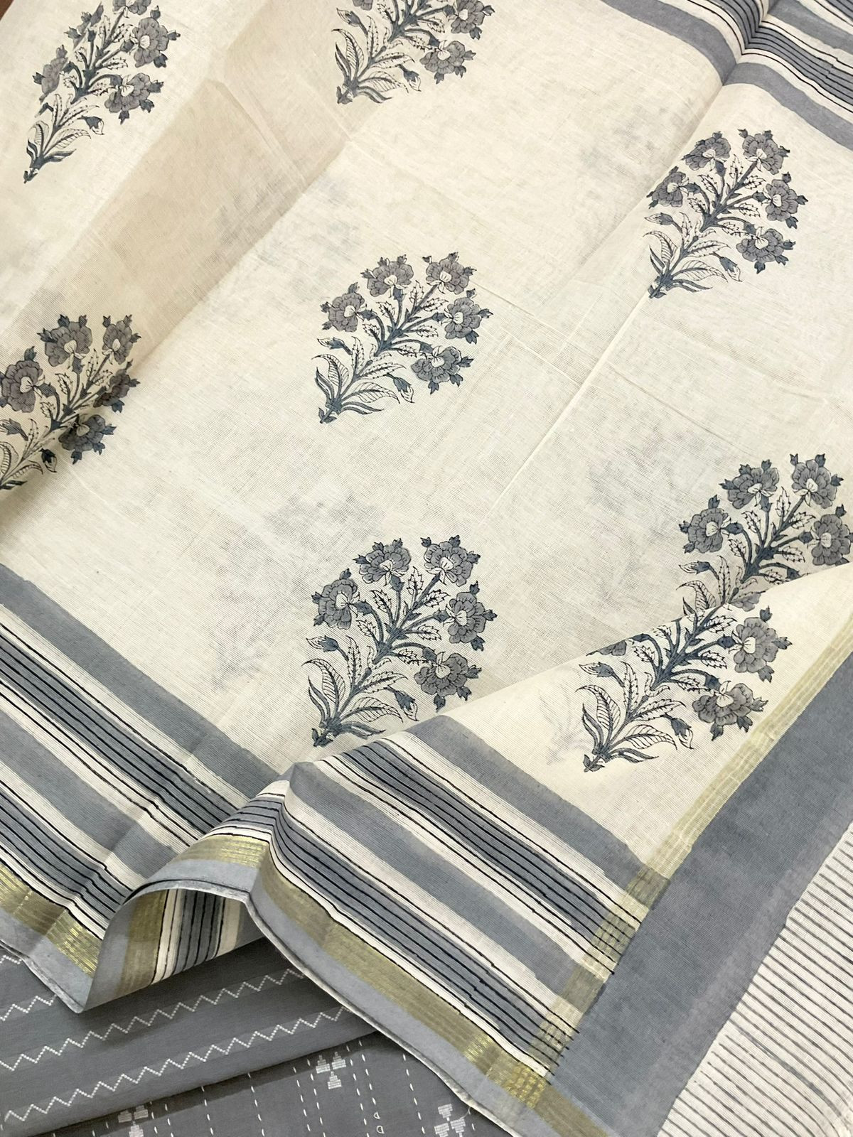 Pure Handloom Cotton Printed Self Weaved Embroidered Suit - Grey