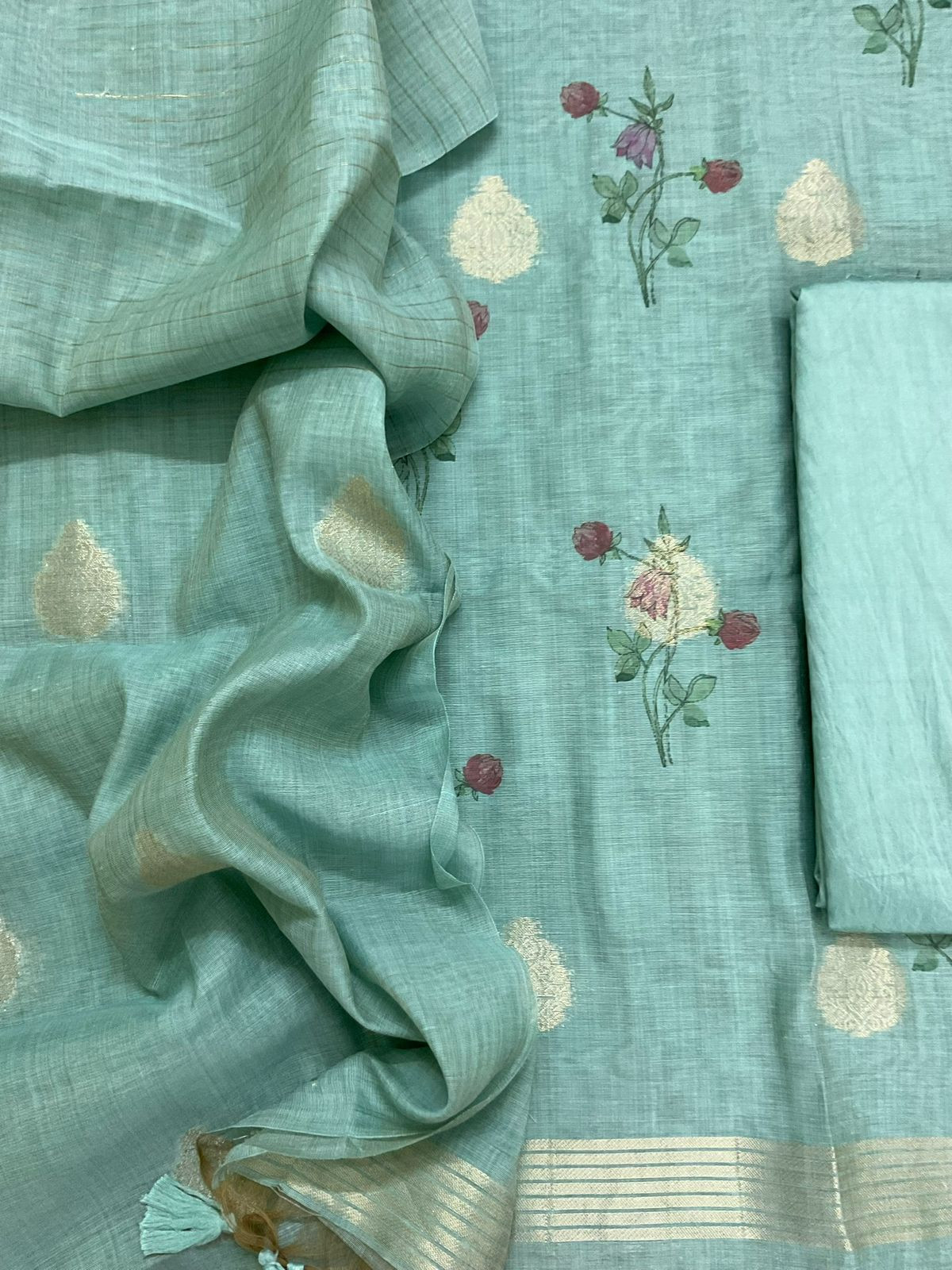 Soft Slub Chanderi Printed Jamdani Weaved Suit - Blue