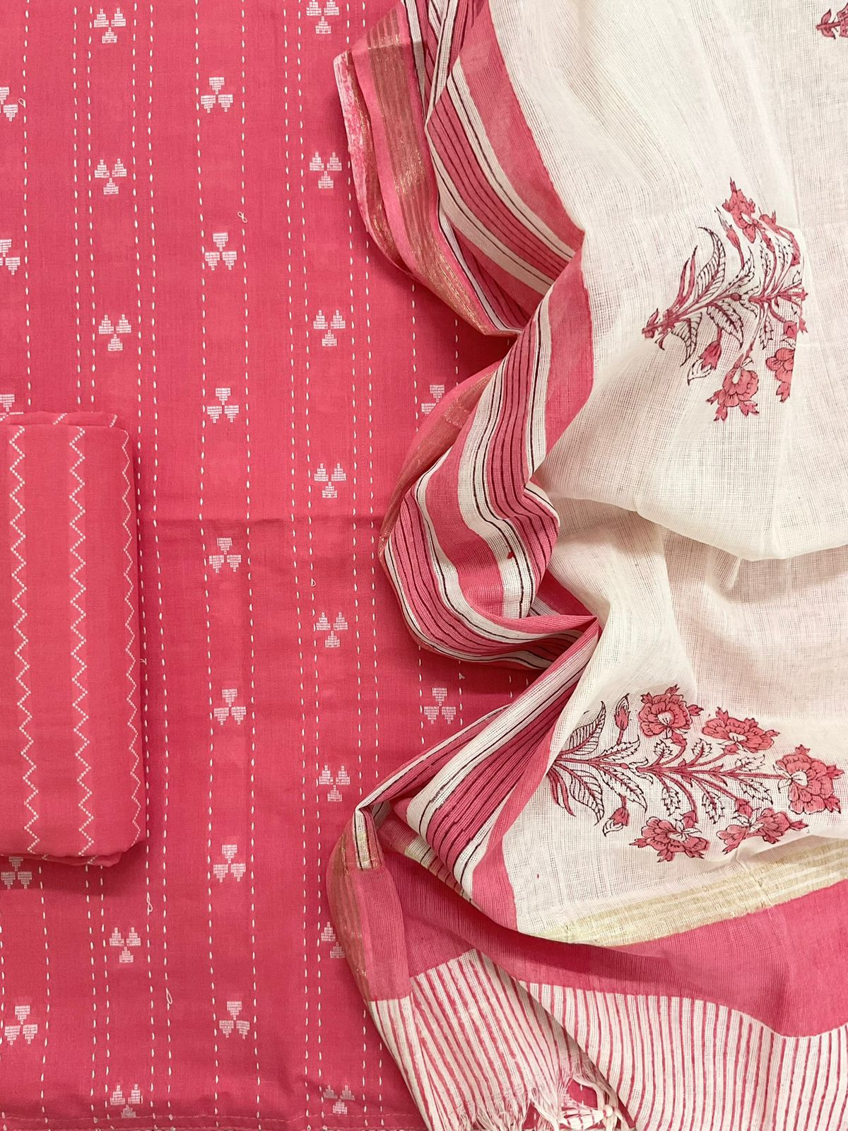 Pure Handloom Cotton Printed Self Weaved Embroidered Suit - Pink
