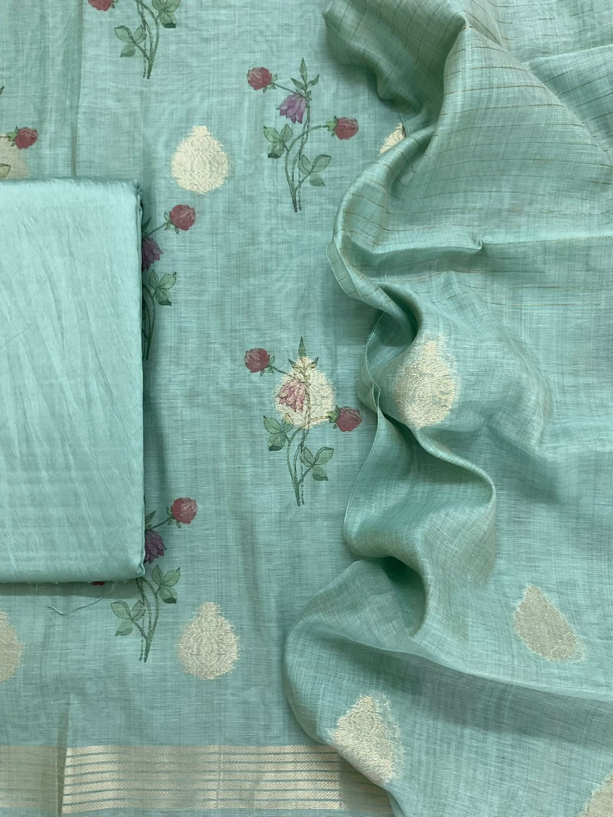Soft Slub Chanderi Printed Jamdani Weaved Suit - Blue