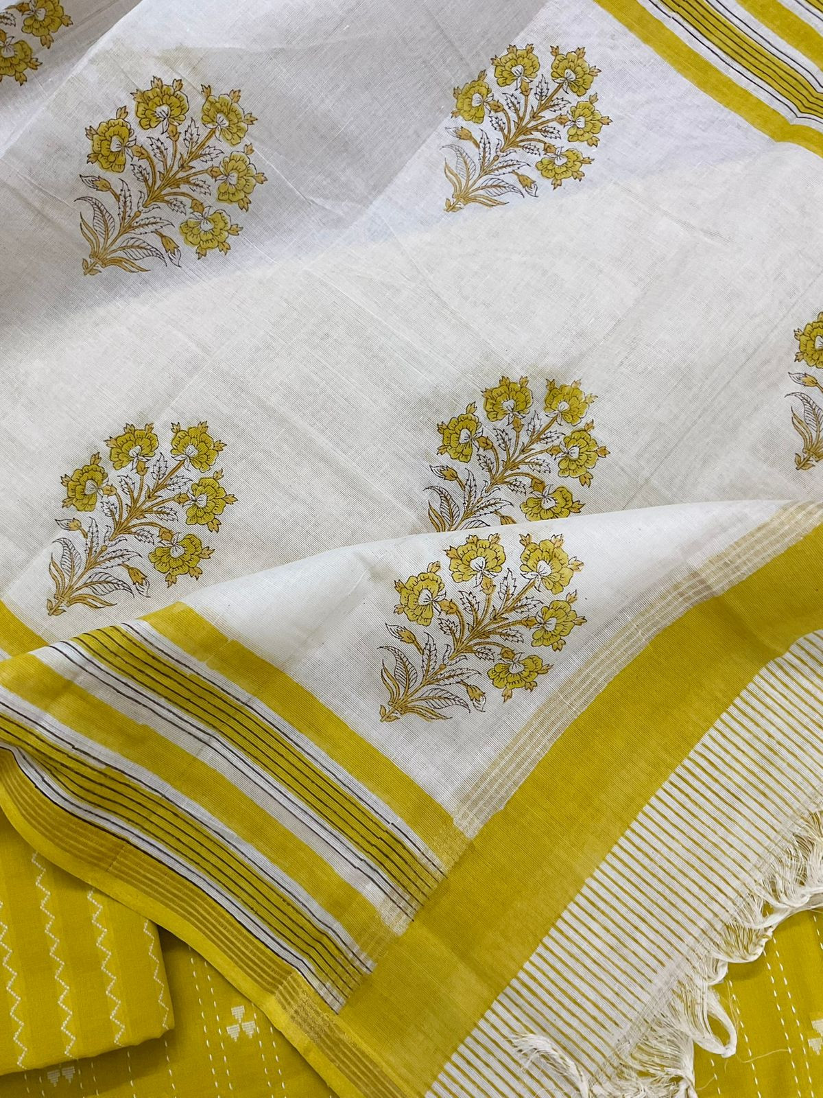 Pure Handloom Cotton Printed Self Weaved Embroidered Suit - Yellow