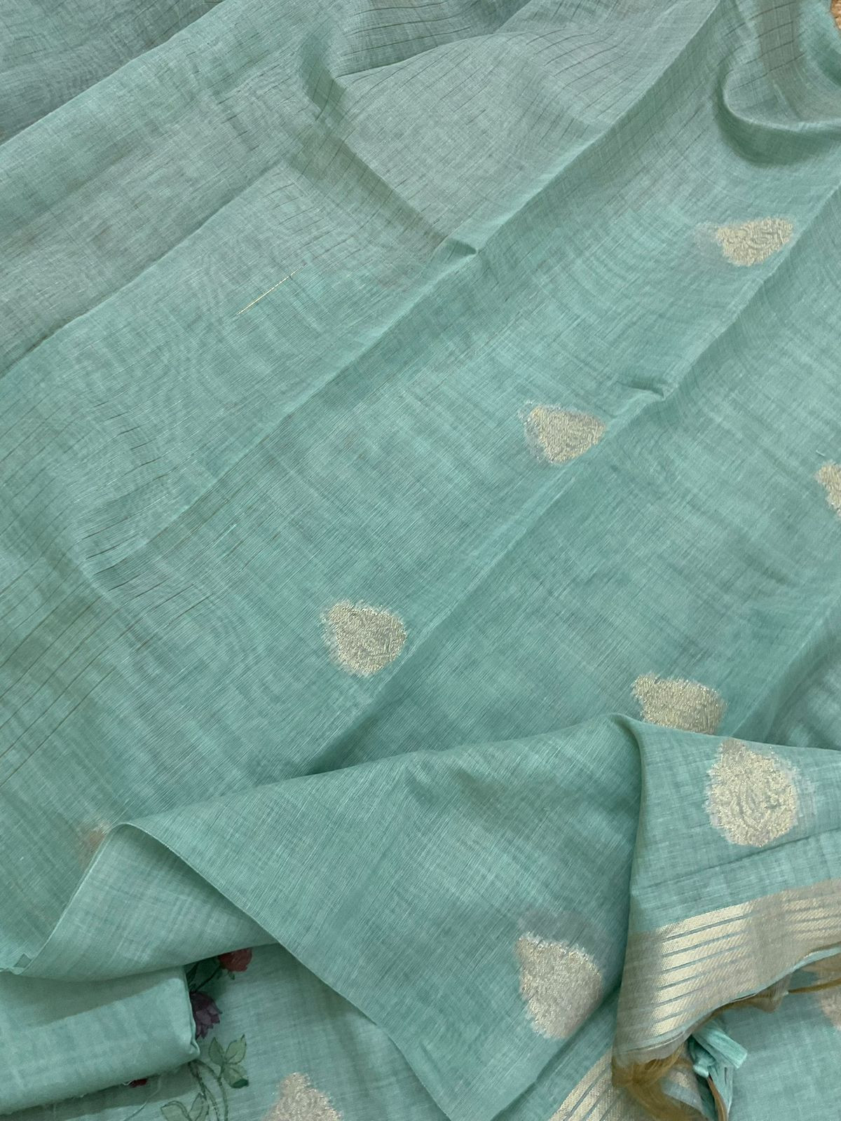 Soft Slub Chanderi Printed Jamdani Weaved Suit - Blue