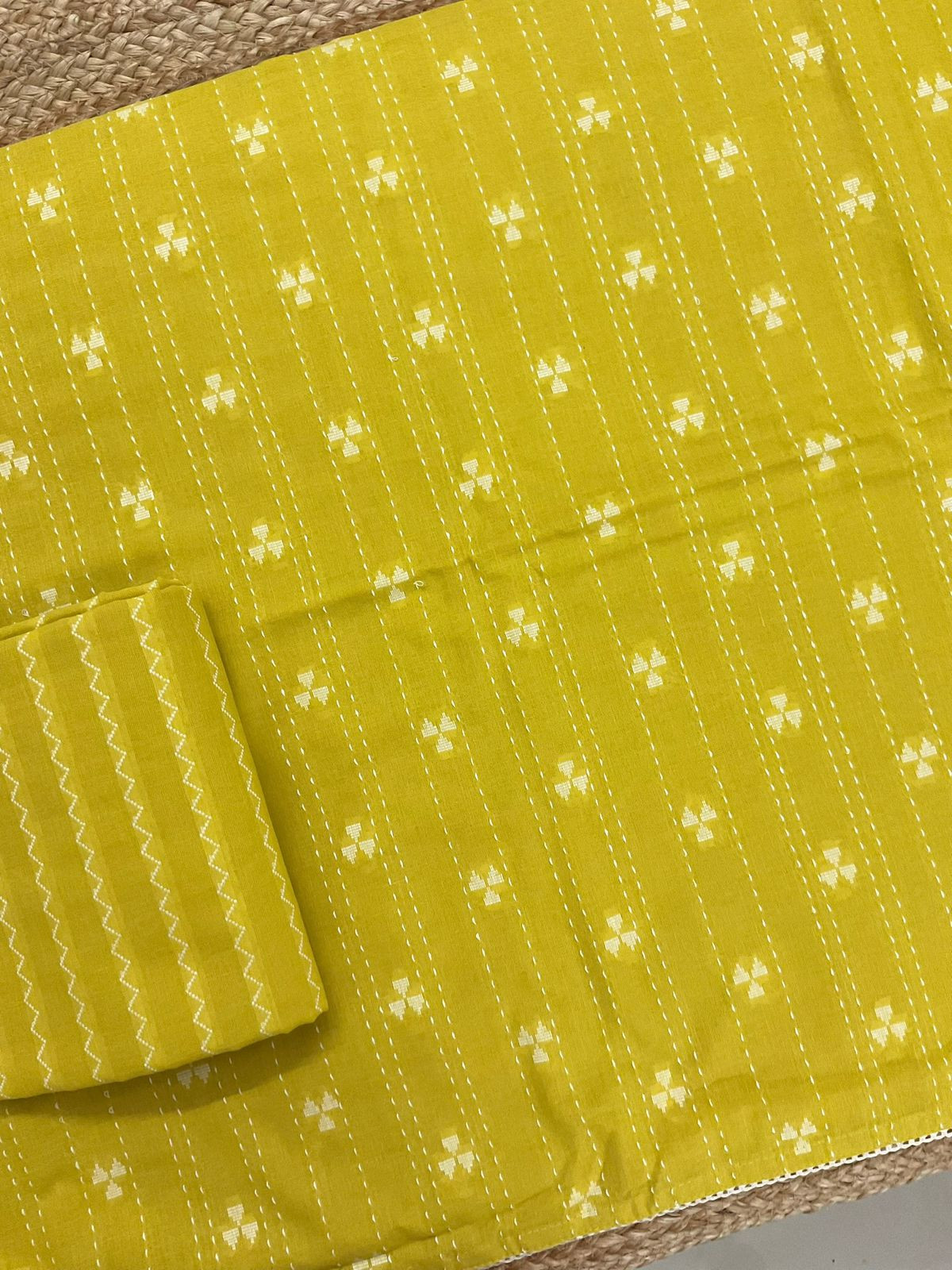 Pure Handloom Cotton Printed Self Weaved Embroidered Suit - Yellow