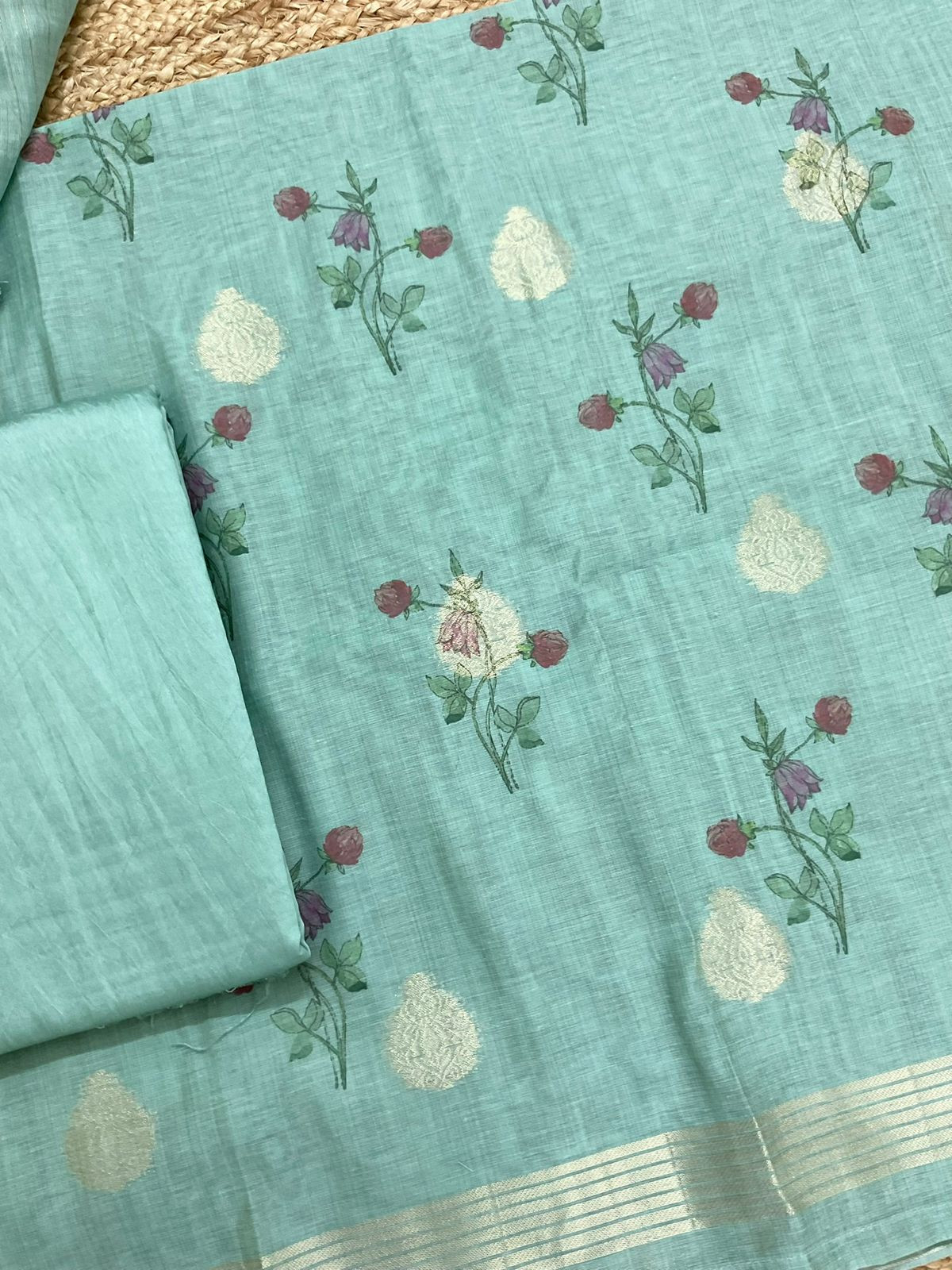 Soft Slub Chanderi Printed Jamdani Weaved Suit - Blue