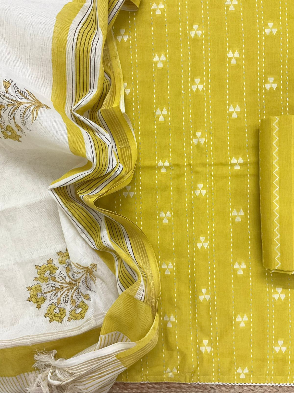 Pure Handloom Cotton Printed Self Weaved Embroidered Suit - Yellow