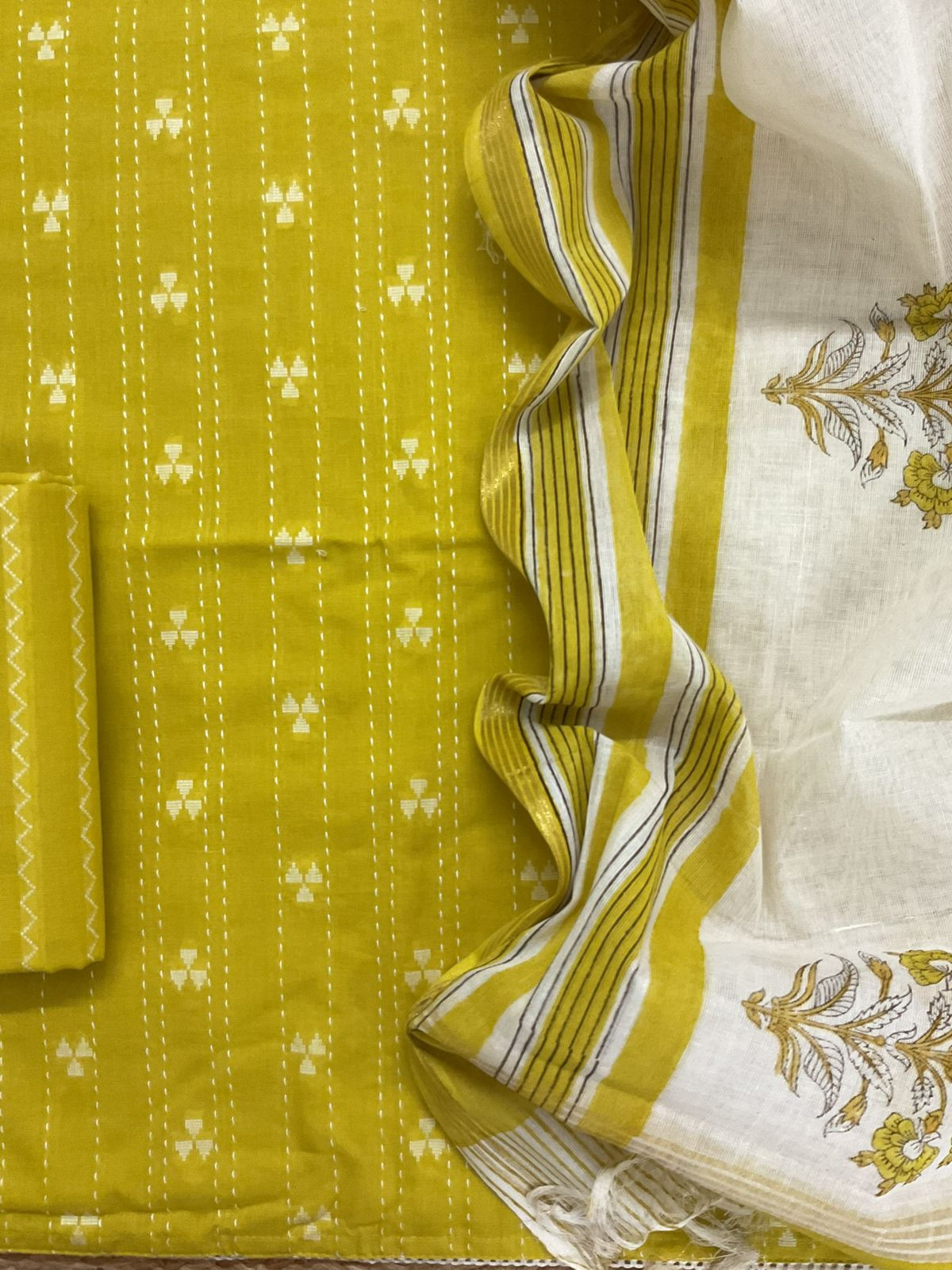 Pure Handloom Cotton Printed Self Weaved Embroidered Suit - Yellow