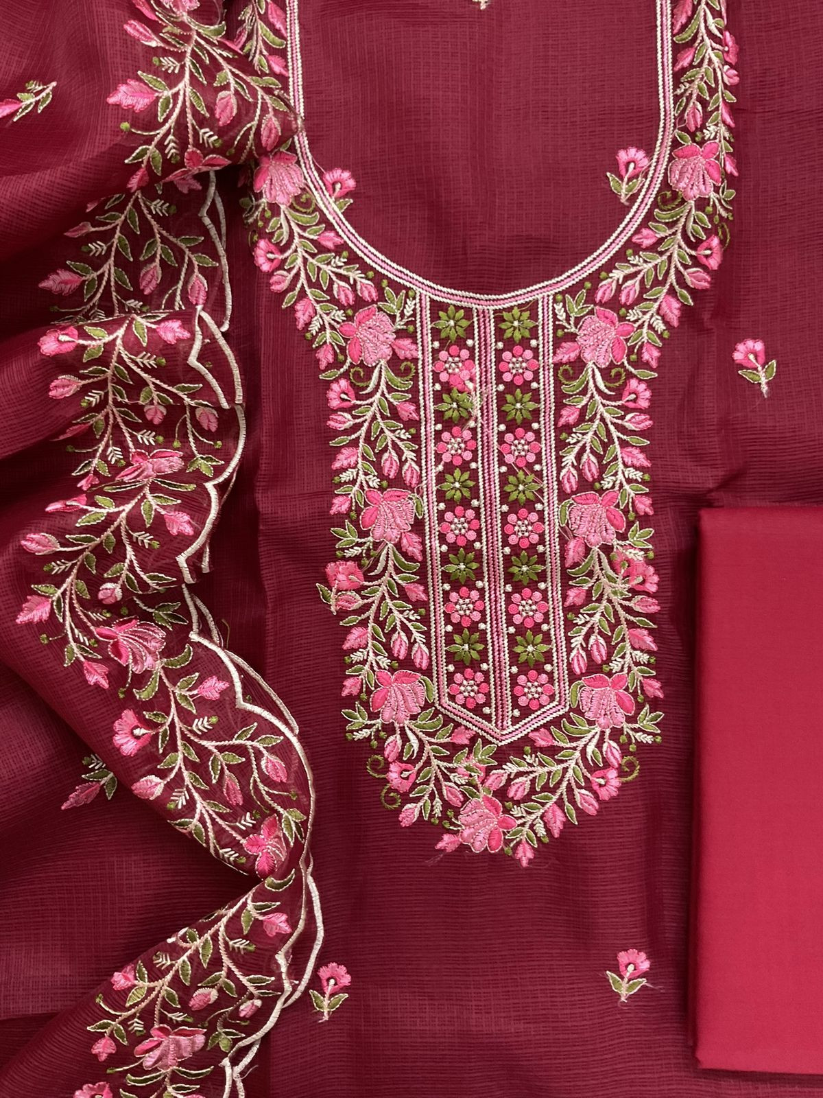 Soft Kota Silk Embroidered Suit - Maroon