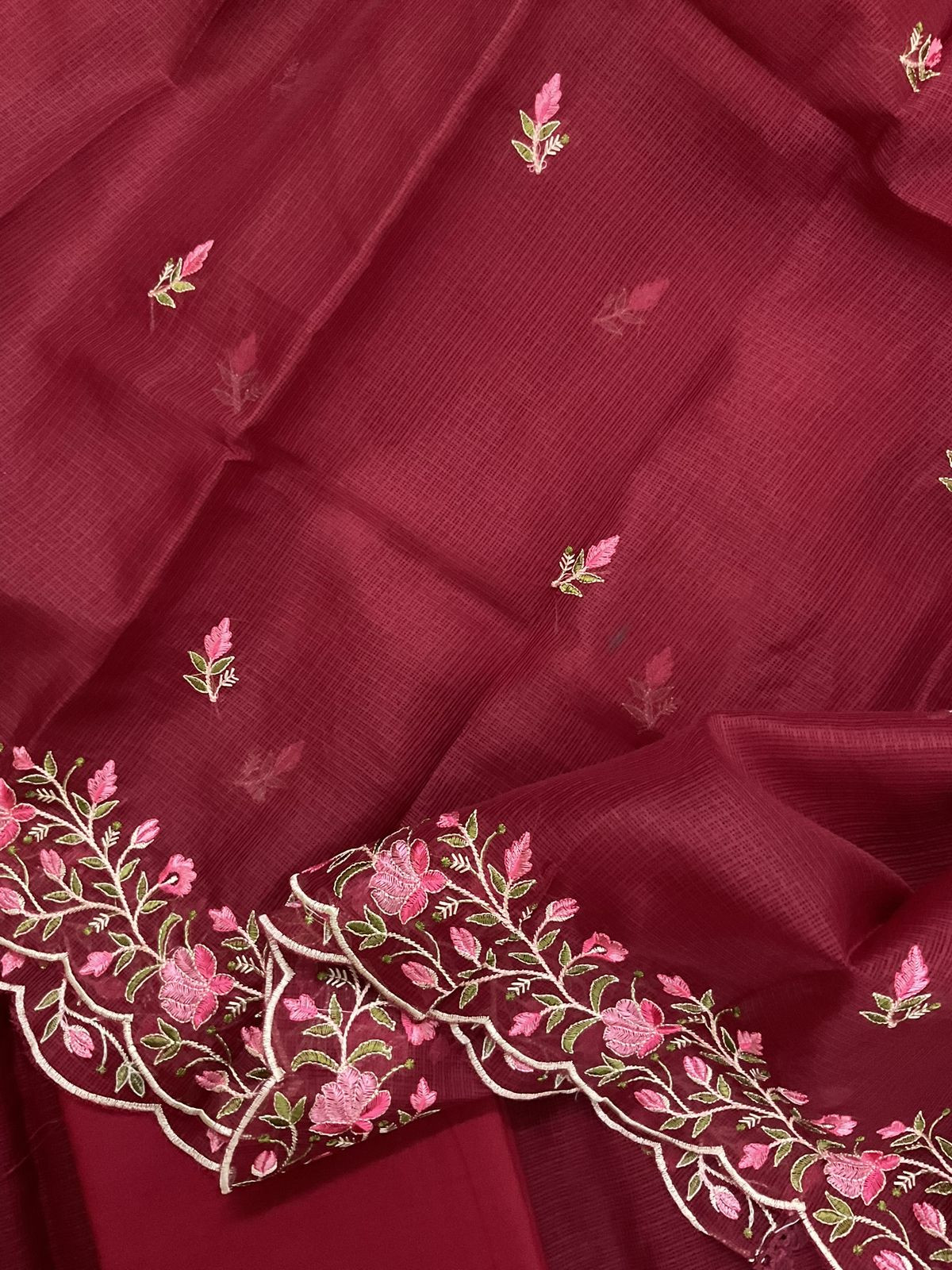 Soft Kota Silk Embroidered Suit - Maroon