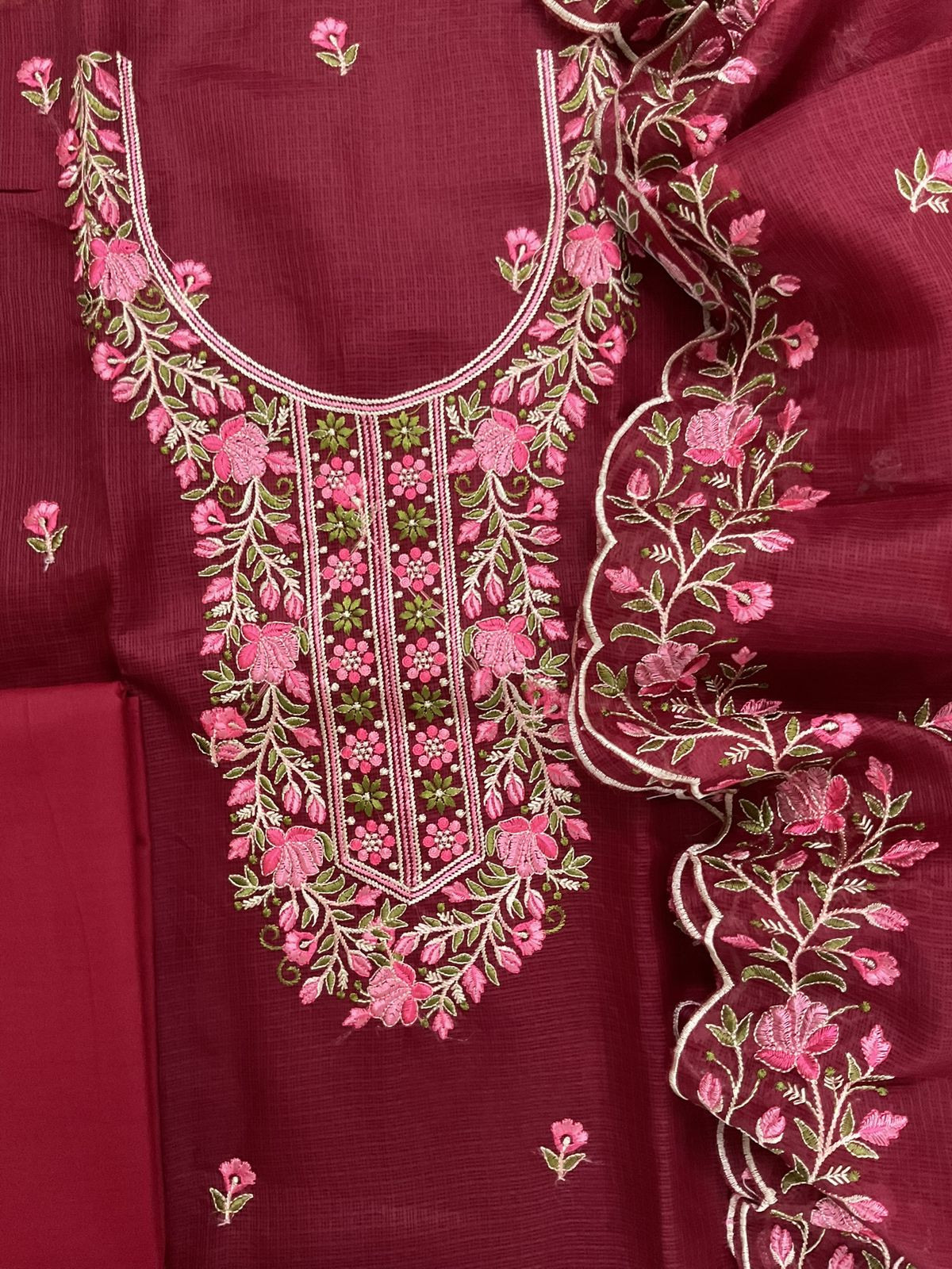 Soft Kota Silk Embroidered Suit - Maroon