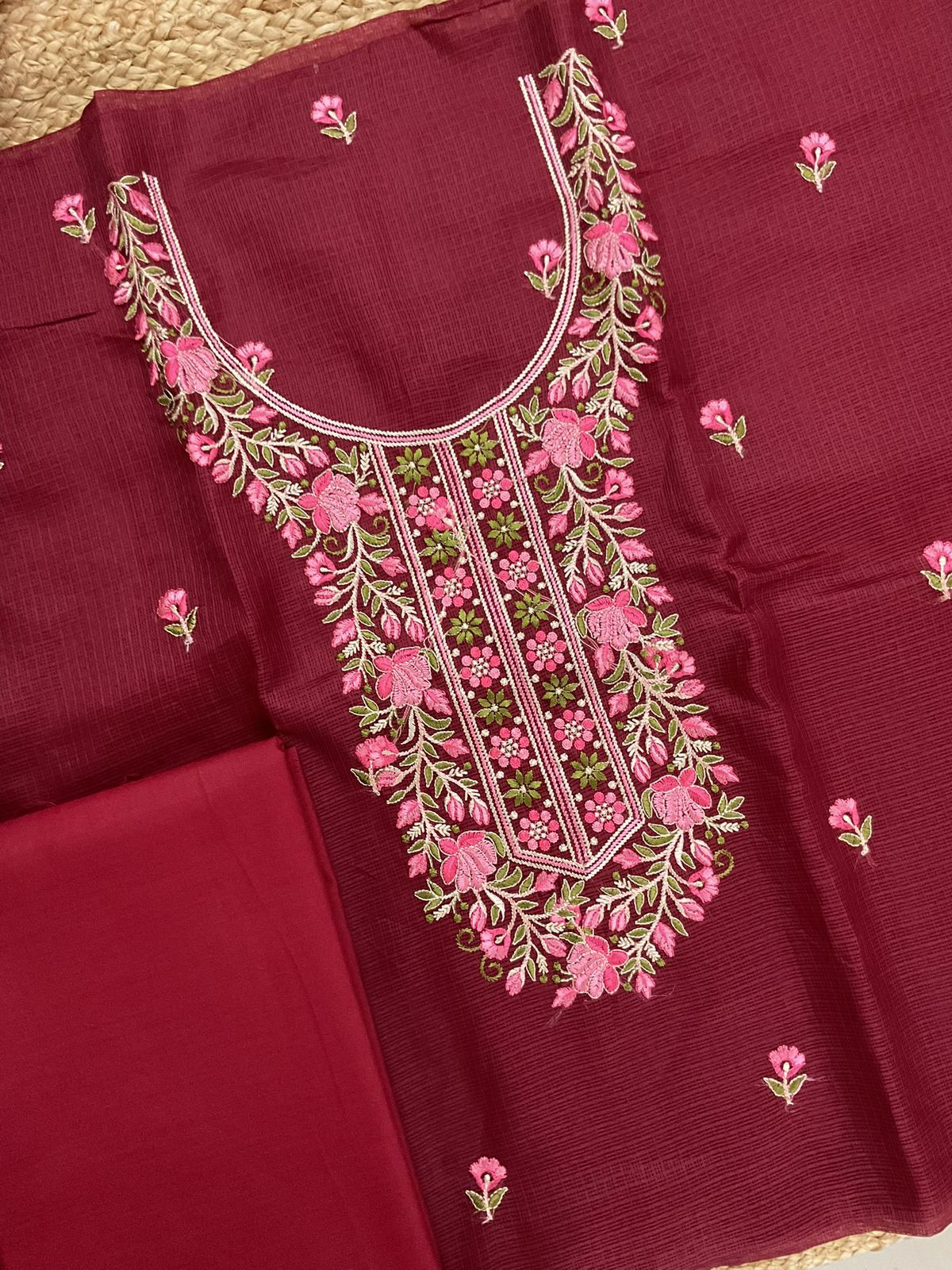 Soft Kota Silk Embroidered Suit - Maroon