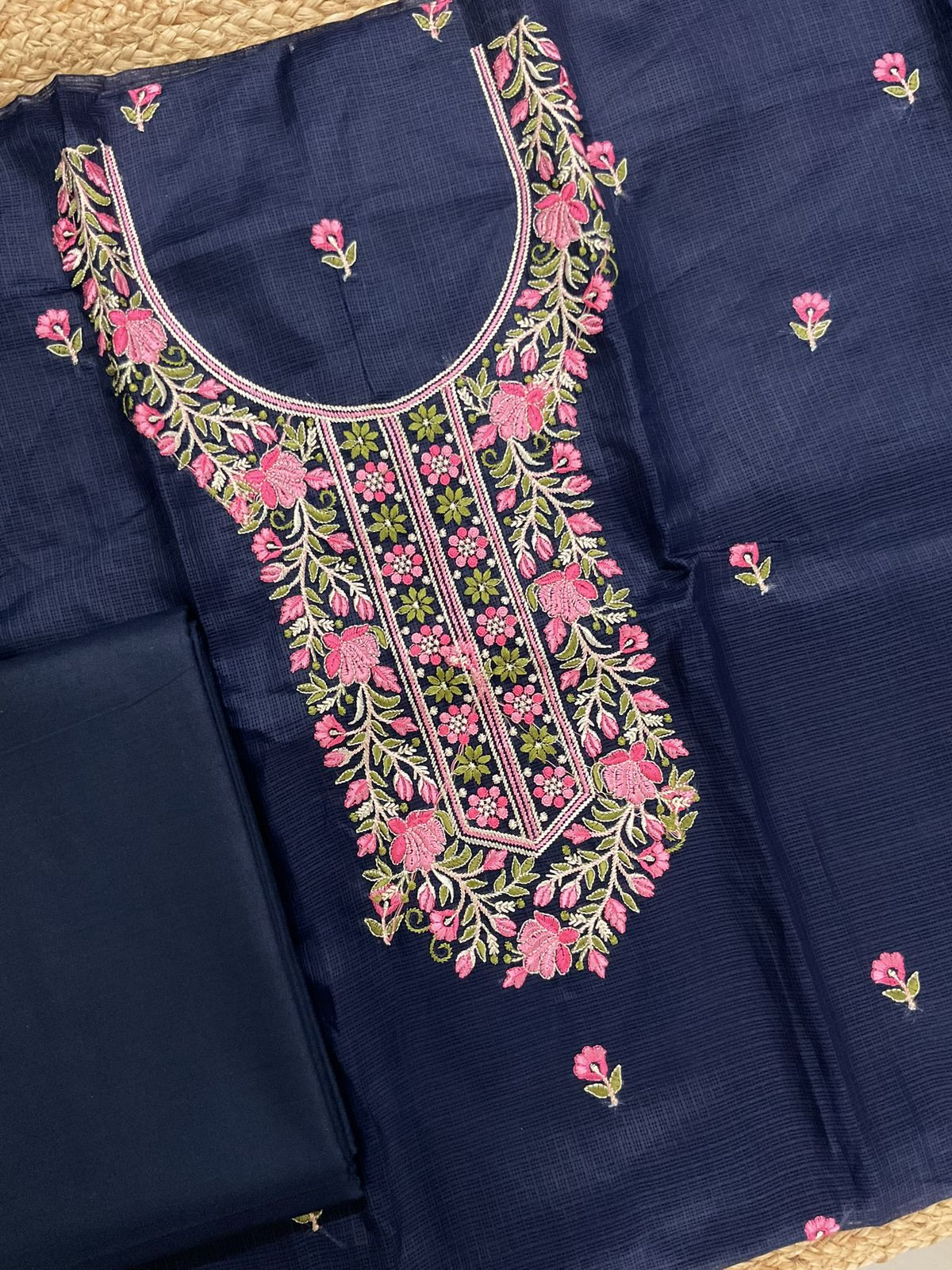 Soft Kota Silk Embroidered Suit - Blue