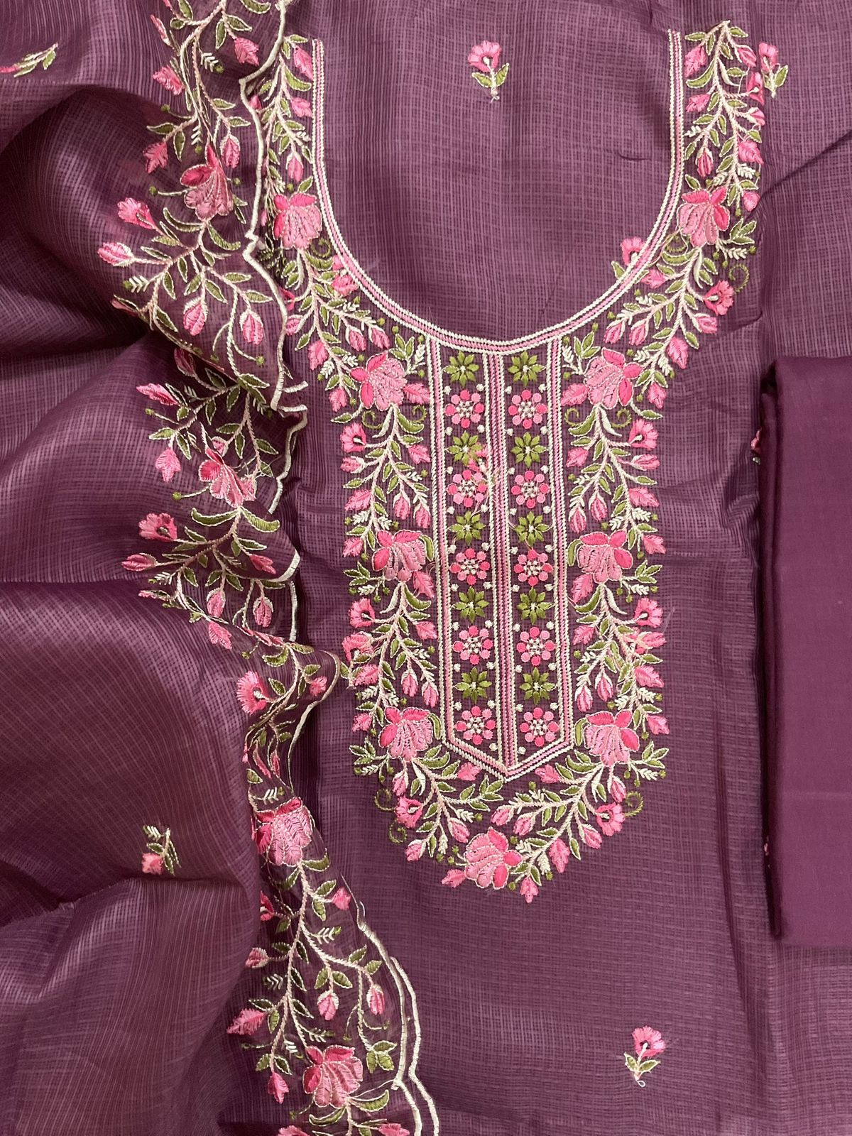 Soft Kota Silk Embroidered Suit - Wine