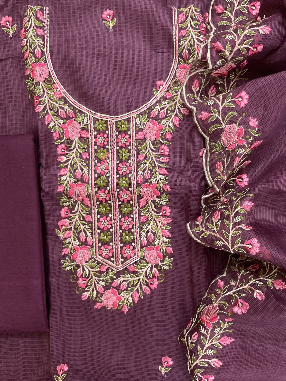 Soft Kota Silk Embroidered Suit - Wine