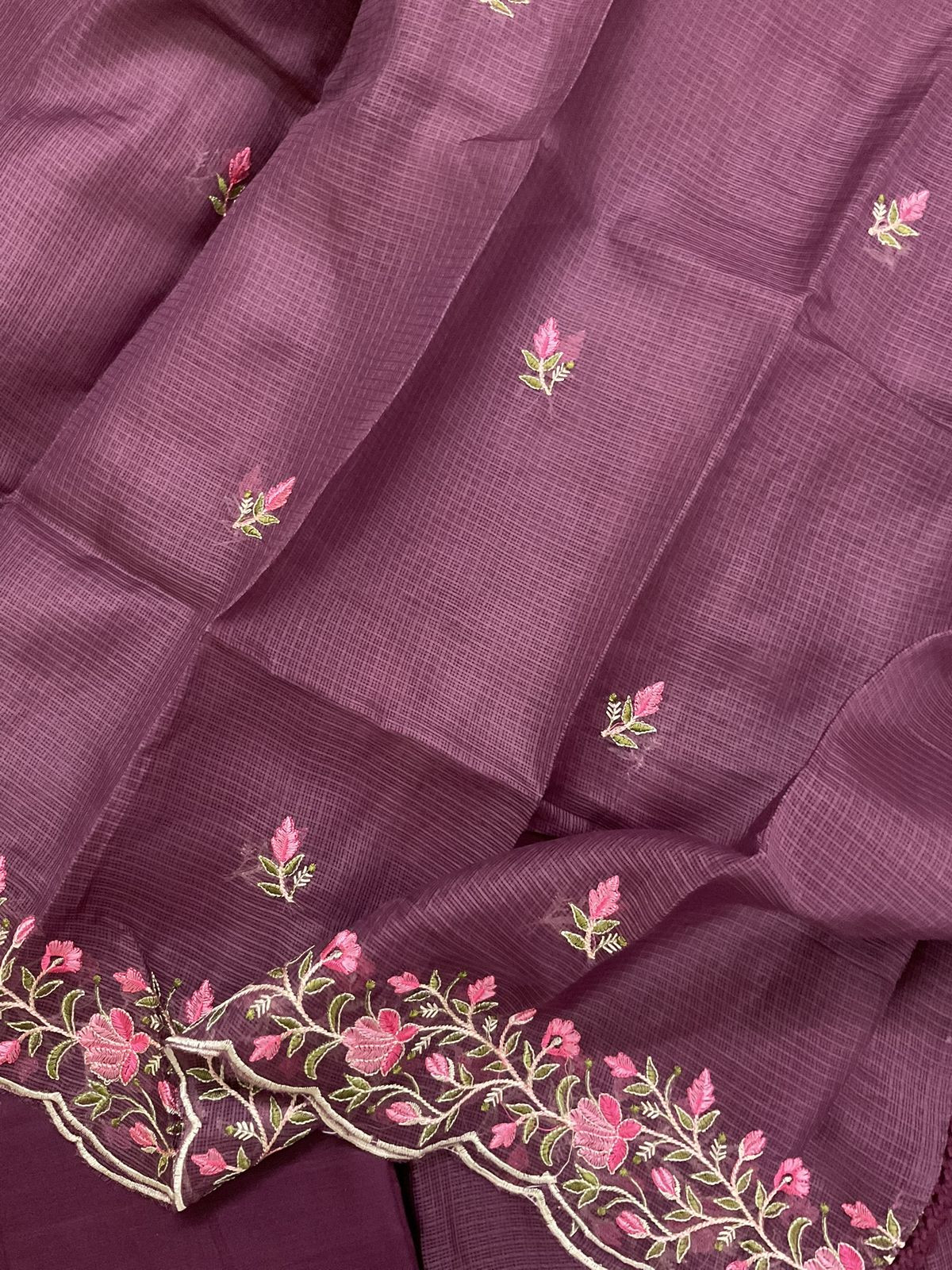 Soft Kota Silk Embroidered Suit - Wine