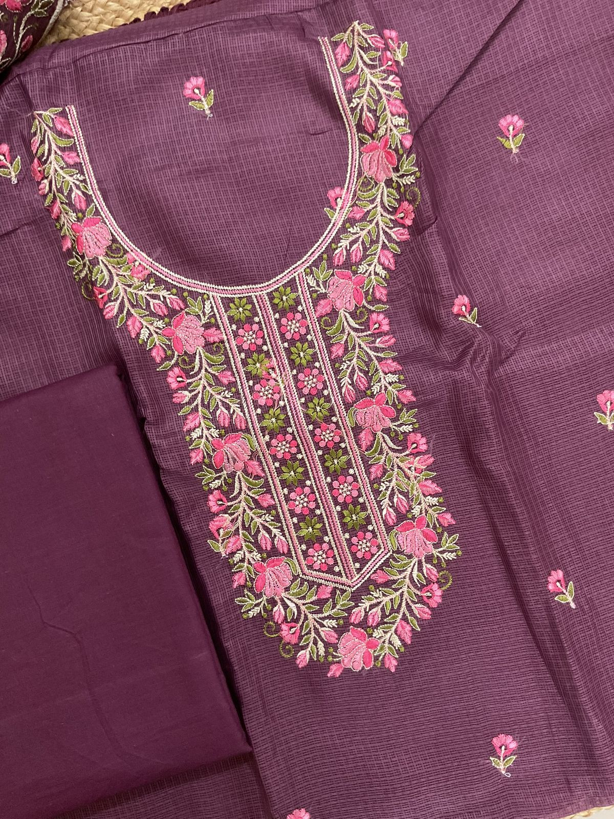 Soft Kota Silk Embroidered Suit - Wine