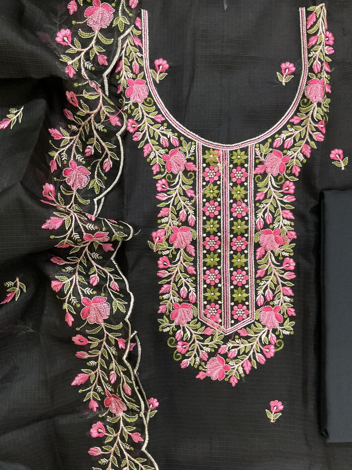 Soft Kota Silk Embroidered Suit - Black