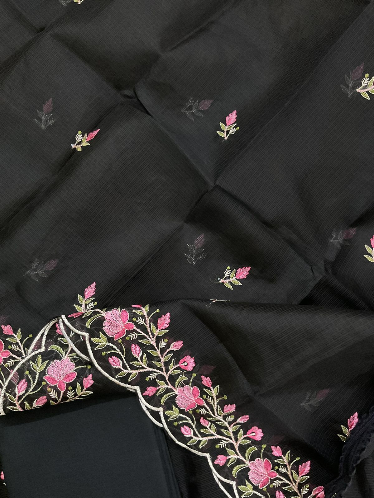 Soft Kota Silk Embroidered Suit - Black