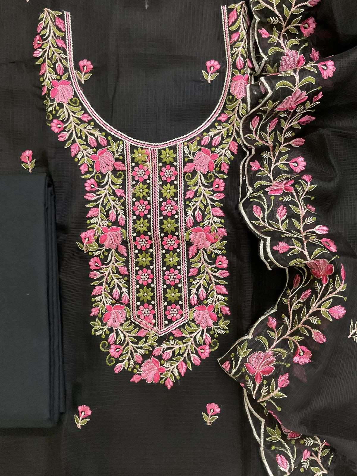 Soft Kota Silk Embroidered Suit - Black