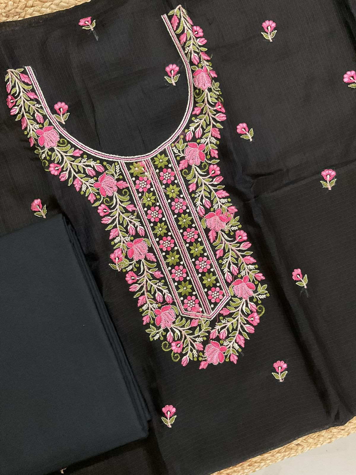 Soft Kota Silk Embroidered Suit - Black