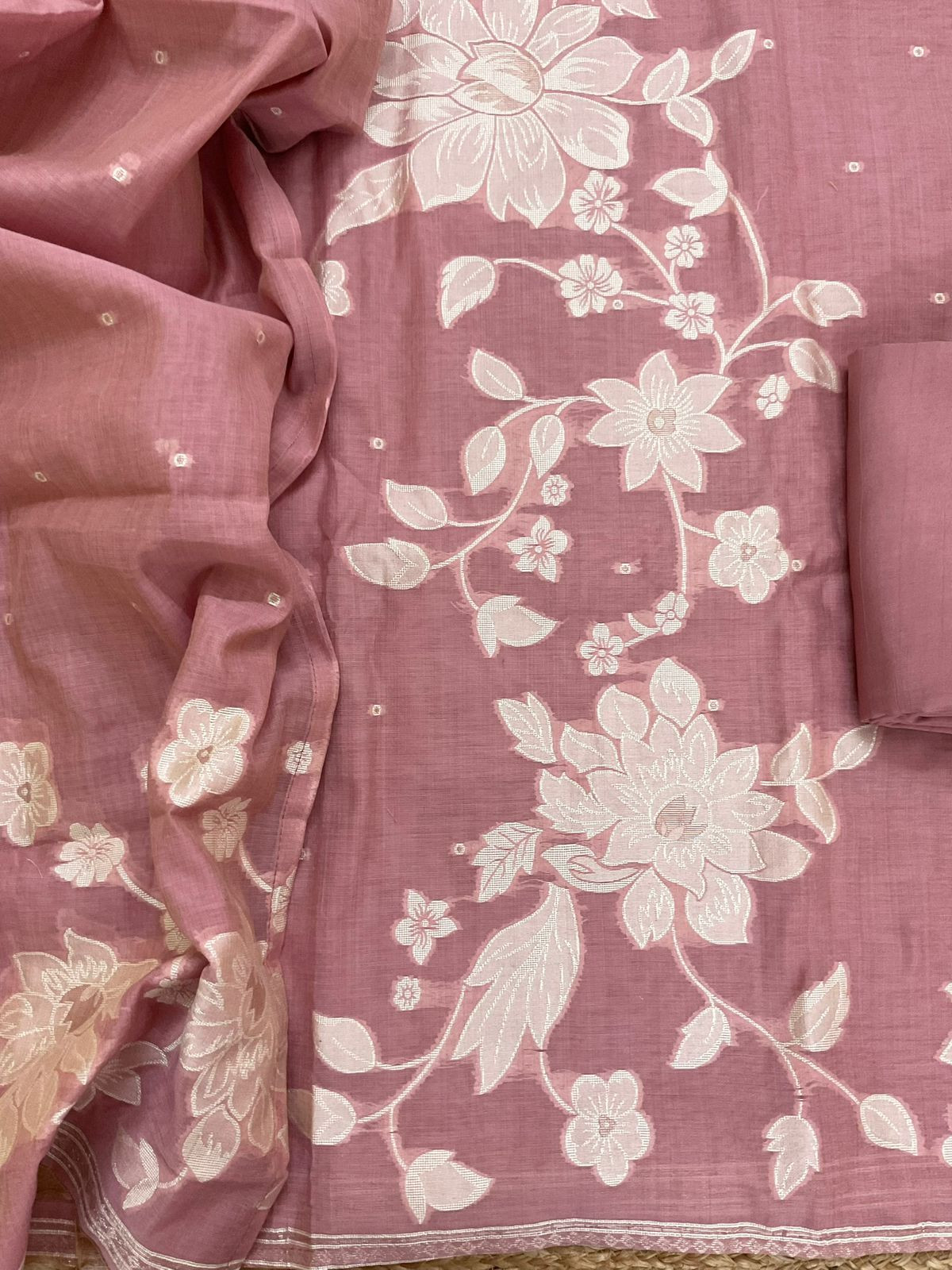 Soft Slub Chanderi Jamdani Weaved Suit - Pink