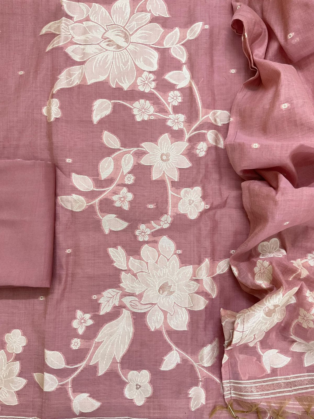 Soft Slub Chanderi Jamdani Weaved Suit - Pink