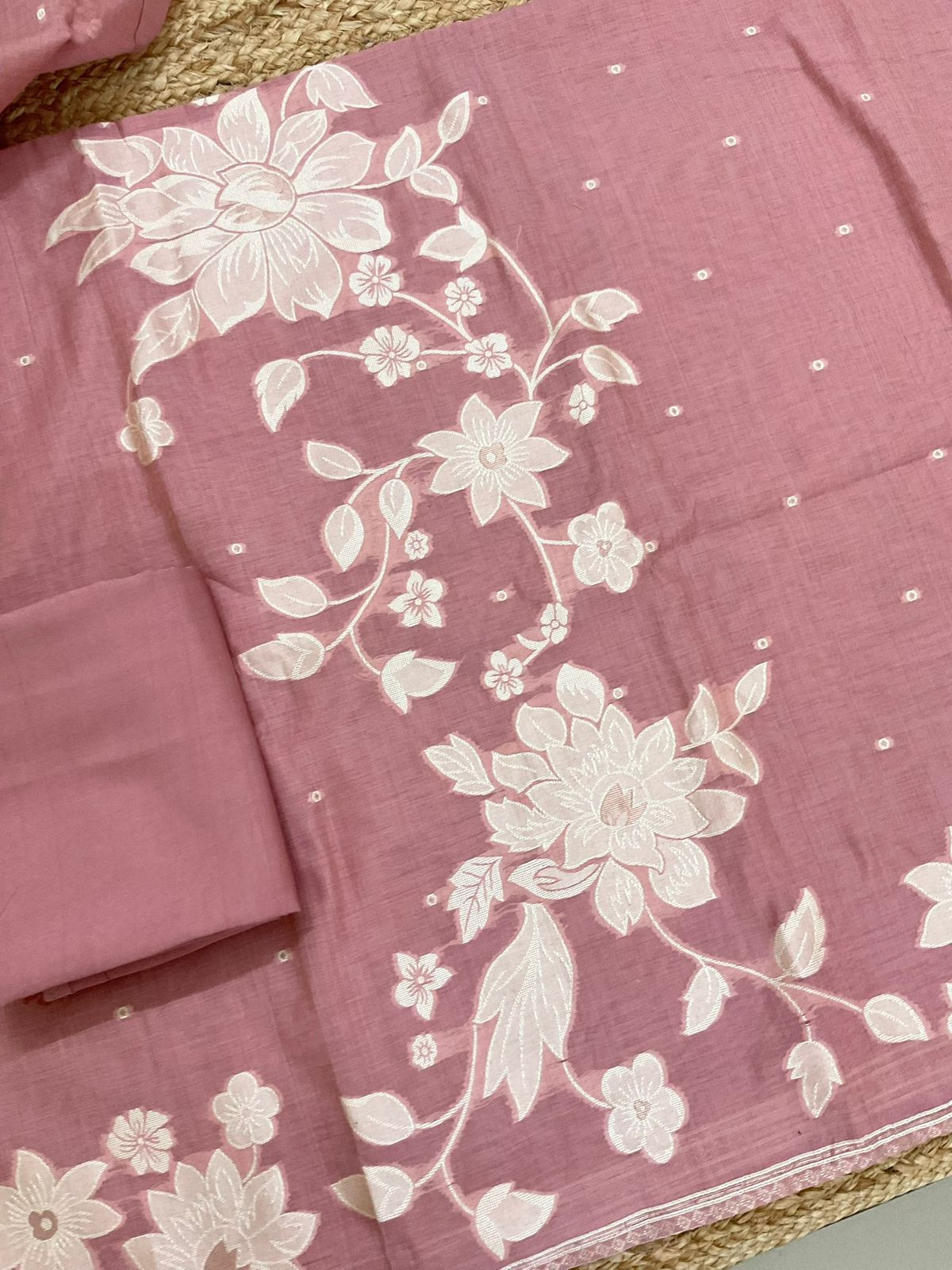 Soft Slub Chanderi Jamdani Weaved Suit - Pink