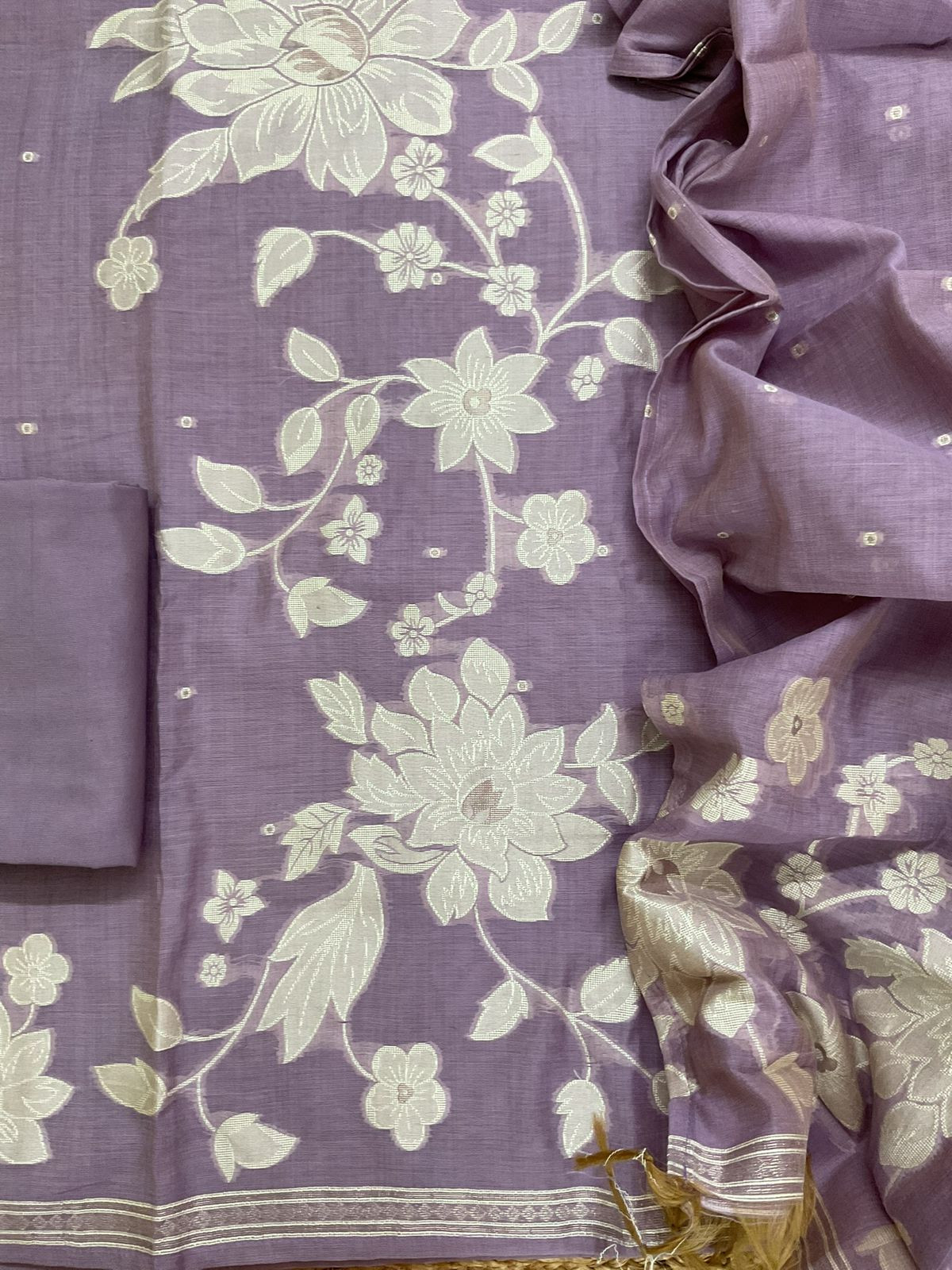 Soft Slub Chanderi Jamdani Weaved Suit - Lavender