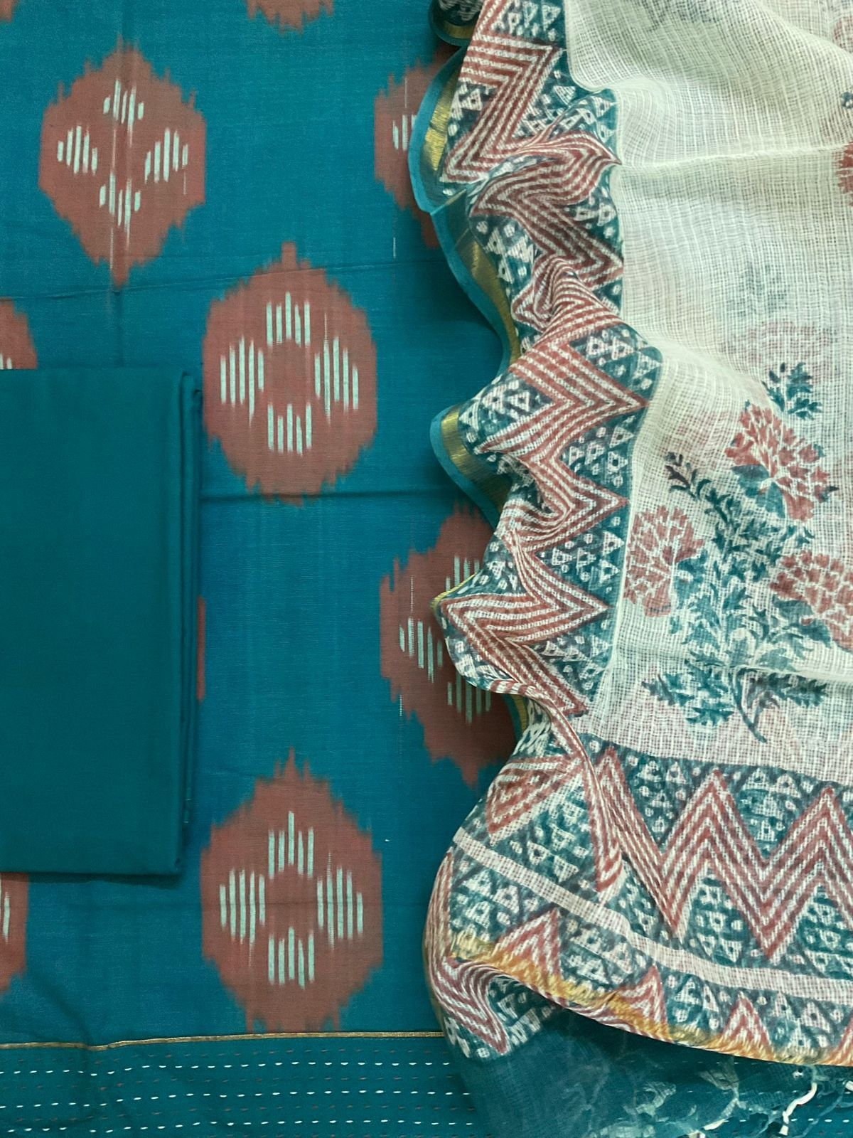 Pure Handloom Ikkat Cotton Self Weaved Printed Suit - Blue