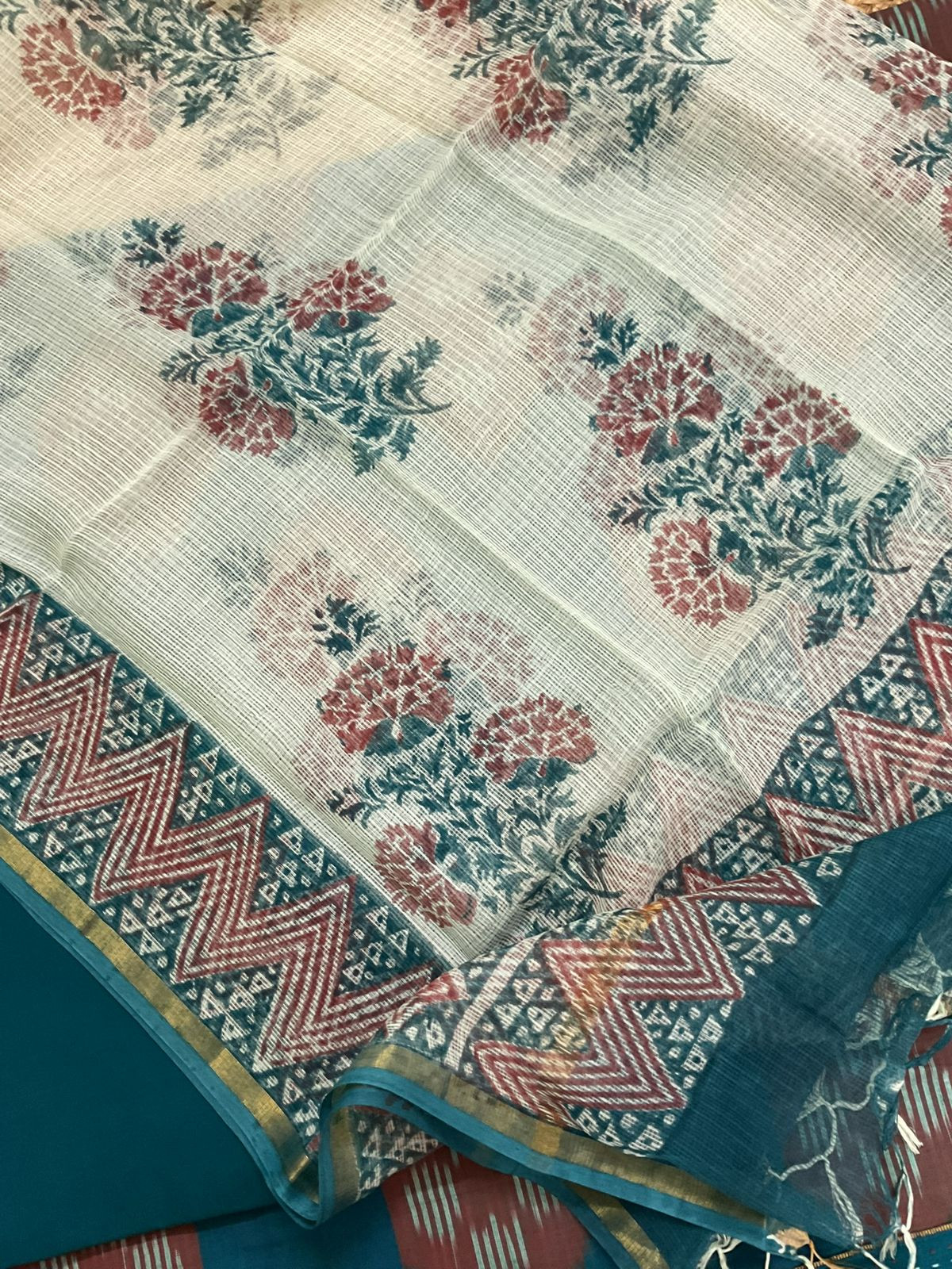 Pure Handloom Ikkat Cotton Self Weaved Printed Suit - Blue