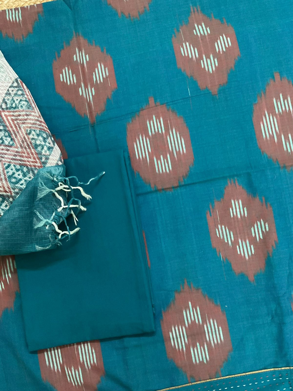 Pure Handloom Ikkat Cotton Self Weaved Printed Suit - Blue