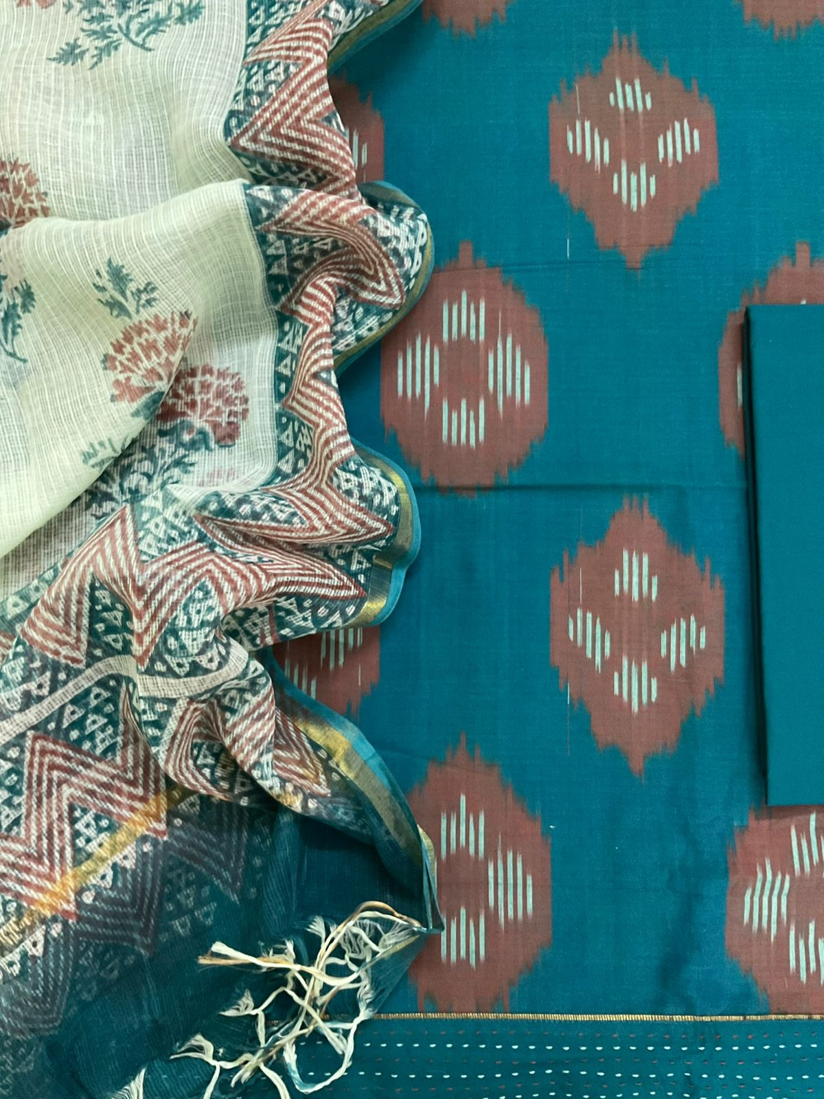 Pure Handloom Ikkat Cotton Self Weaved Printed Suit - Blue