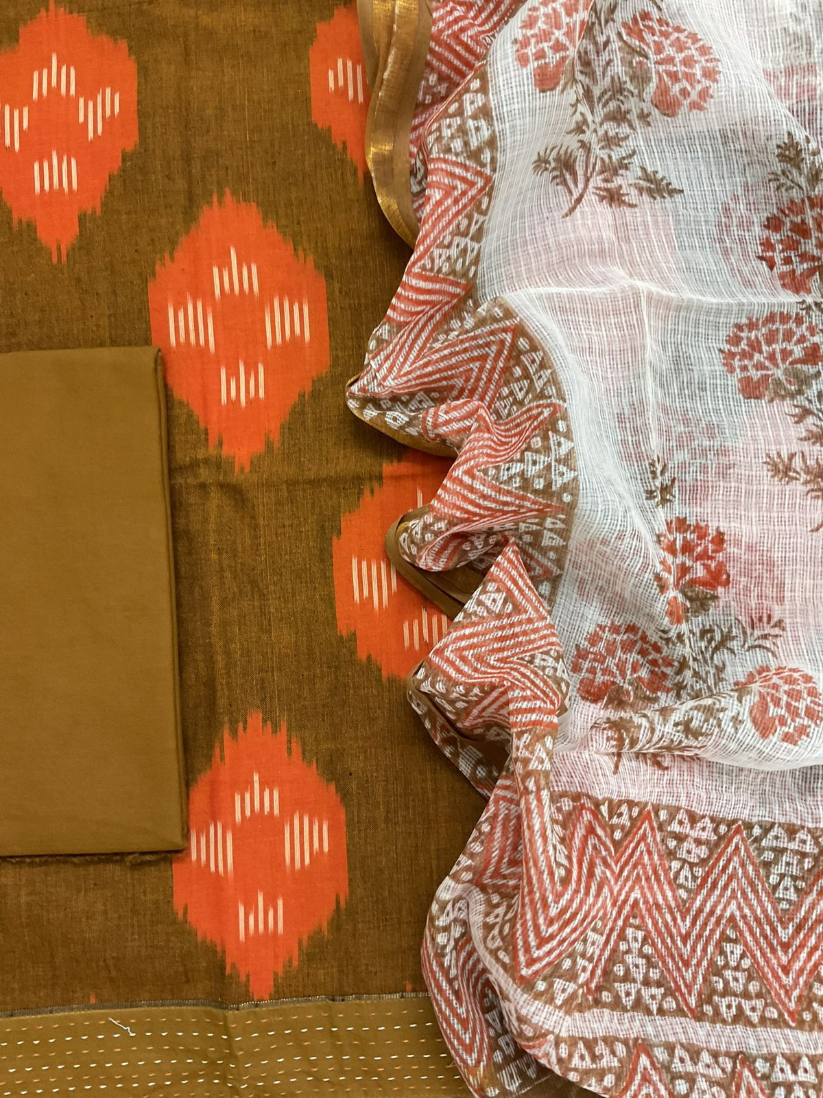 Pure Handloom Ikkat Cotton Self Weaved Printed Suit - Brown