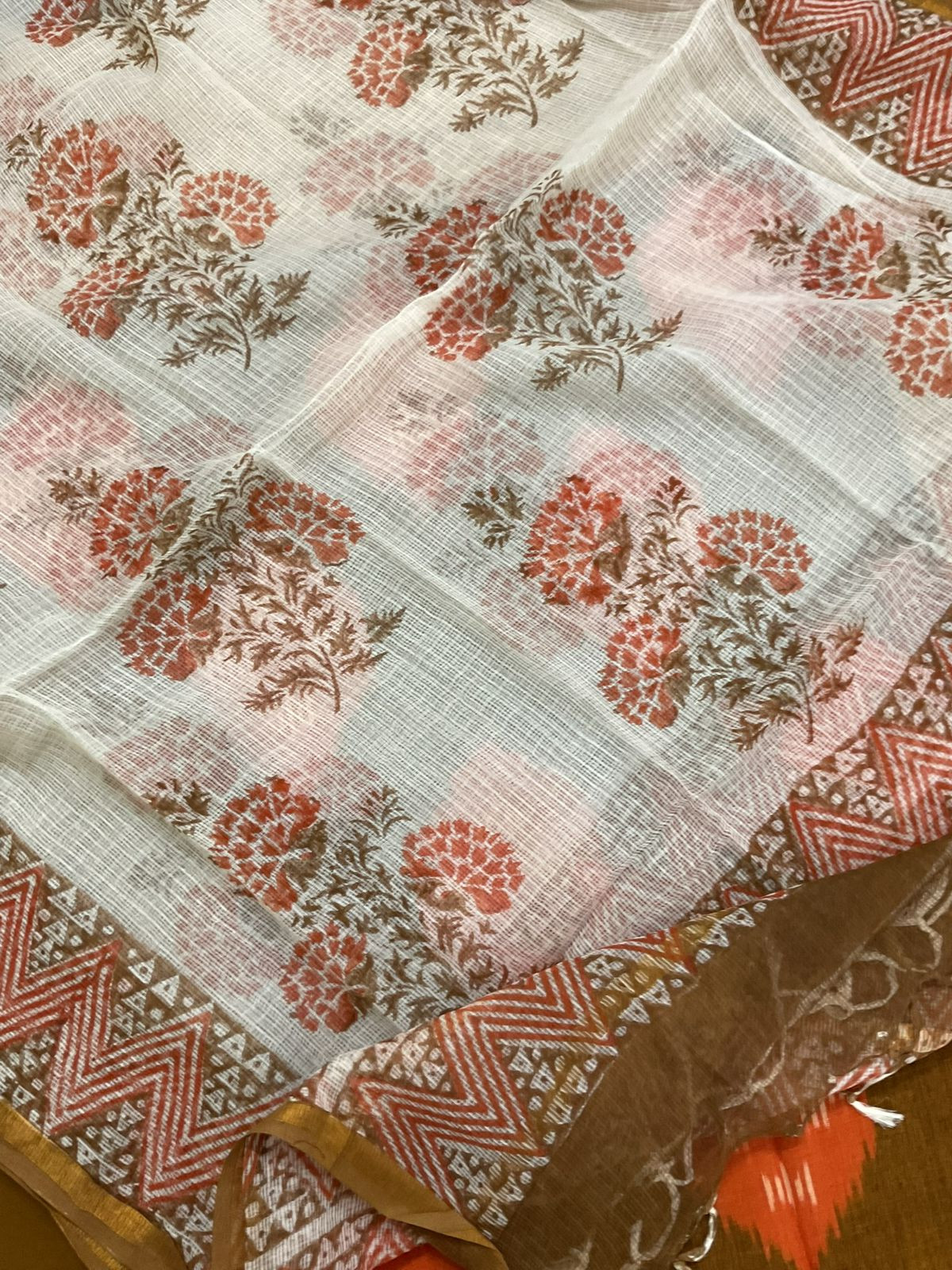 Pure Handloom Ikkat Cotton Self Weaved Printed Suit - Brown