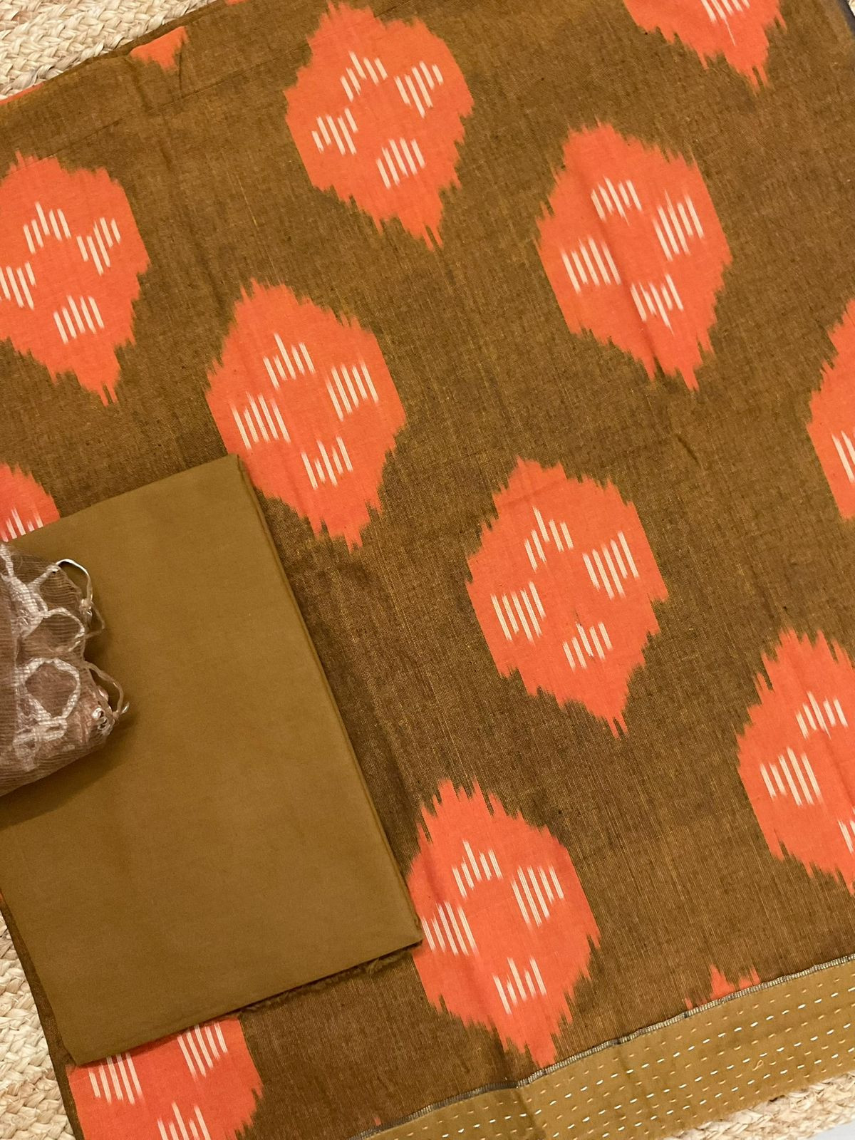 Pure Handloom Ikkat Cotton Self Weaved Printed Suit - Brown