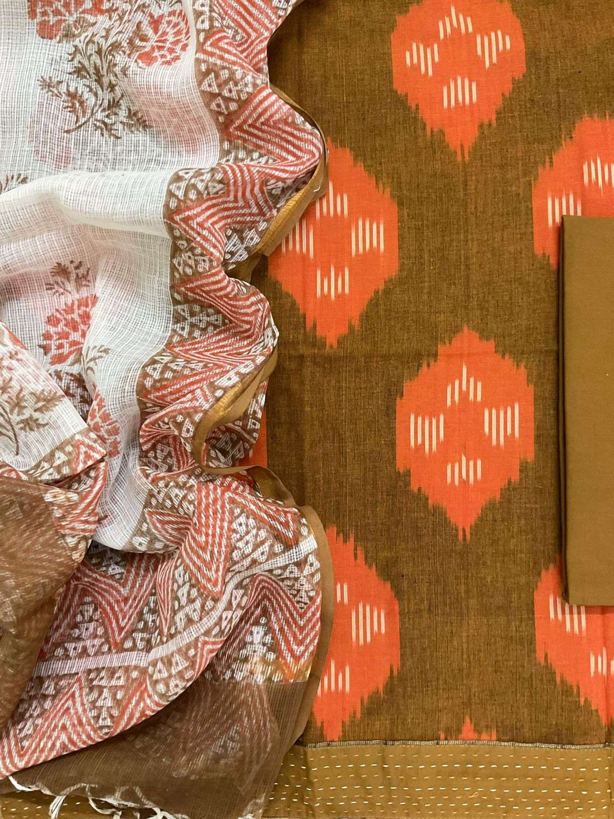 Pure Handloom Ikkat Cotton Self Weaved Printed Suit - Brown