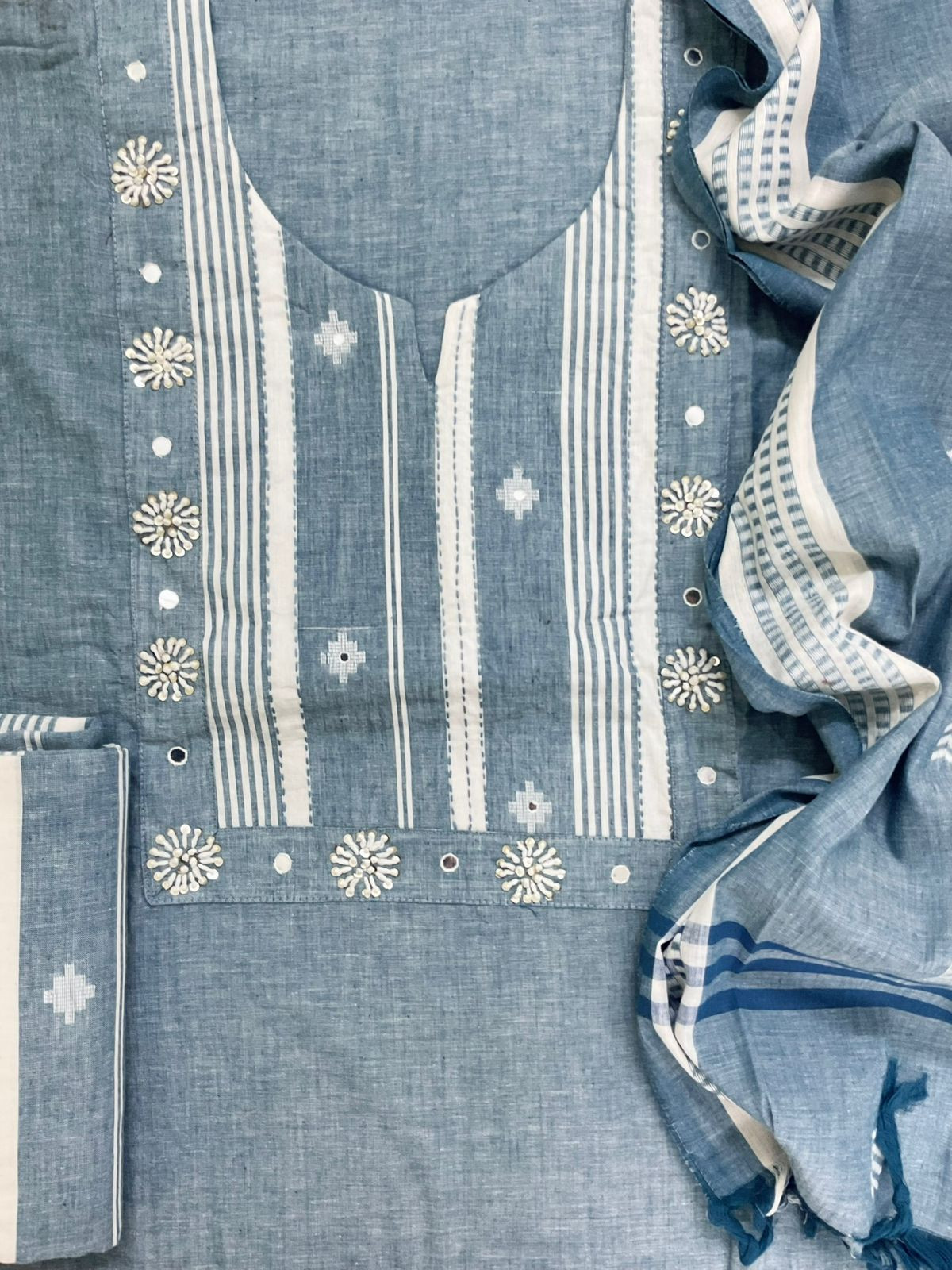 Pure Handloom Cotton Self Weaved Embroidered Suit - Blue