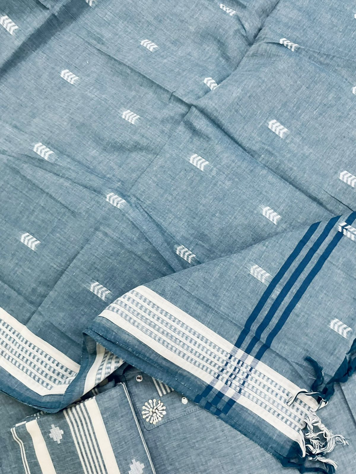 Pure Handloom Cotton Self Weaved Embroidered Suit - Blue