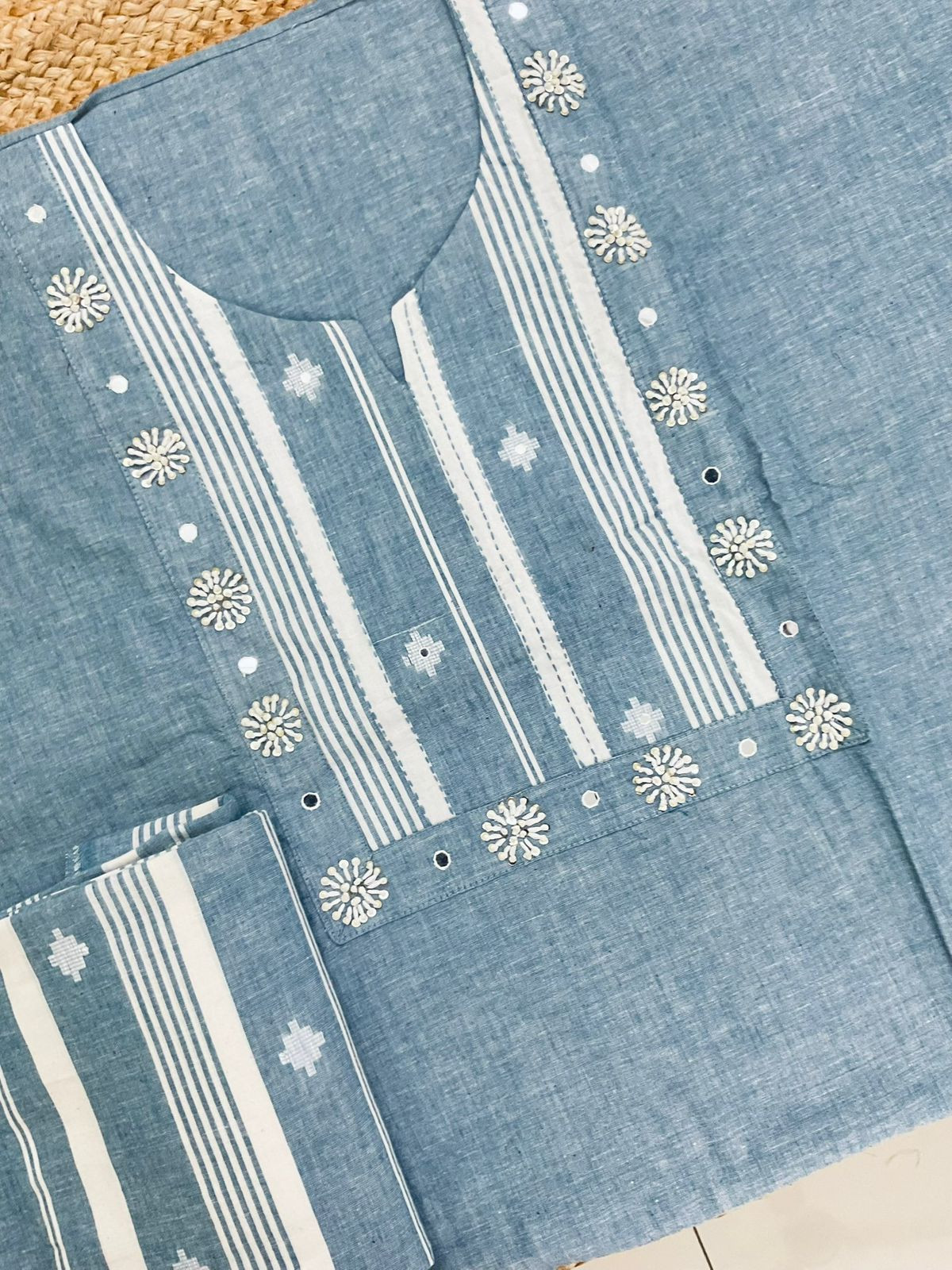 Pure Handloom Cotton Self Weaved Embroidered Suit - Blue