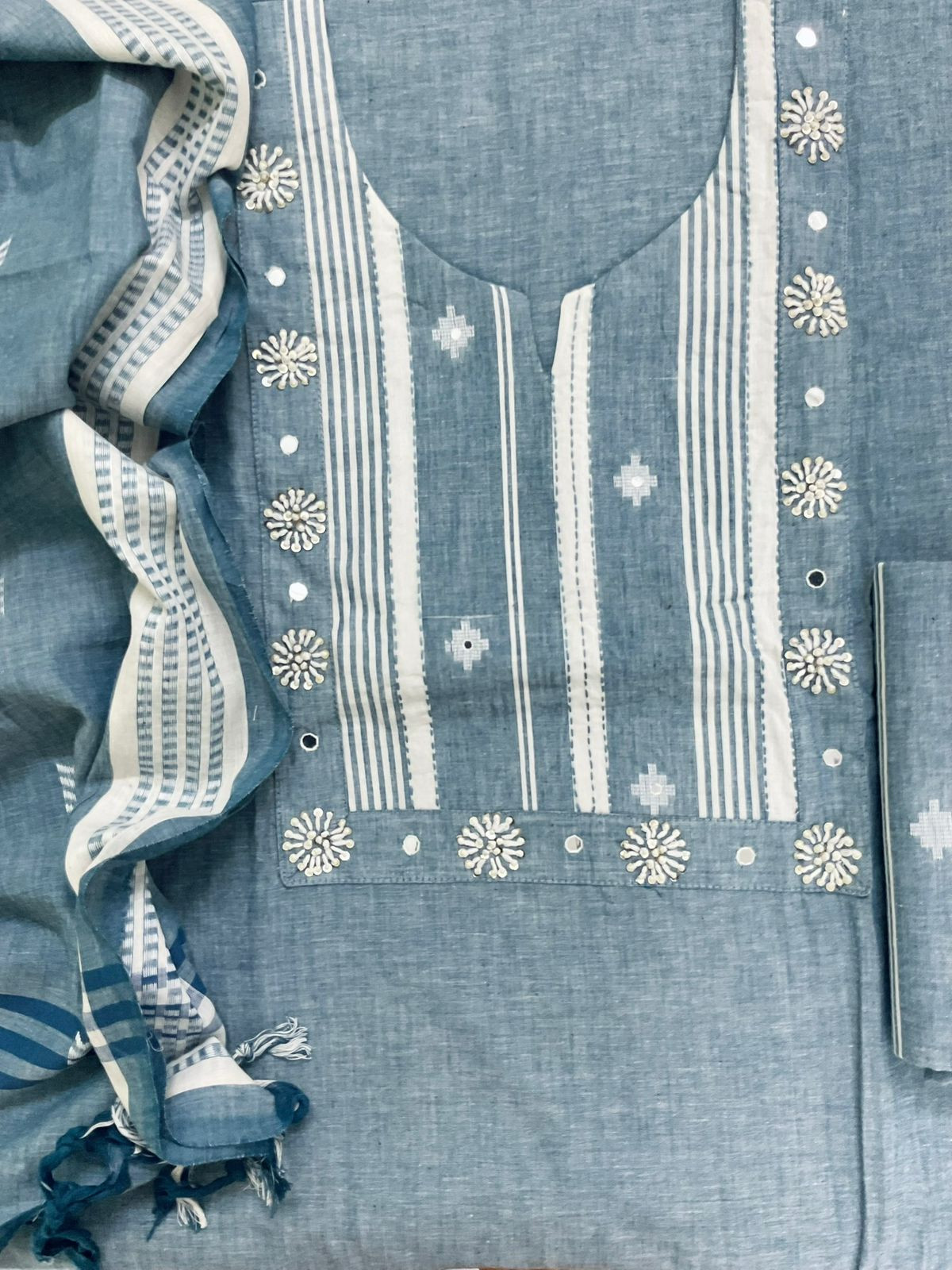 Pure Handloom Cotton Self Weaved Embroidered Suit - Blue