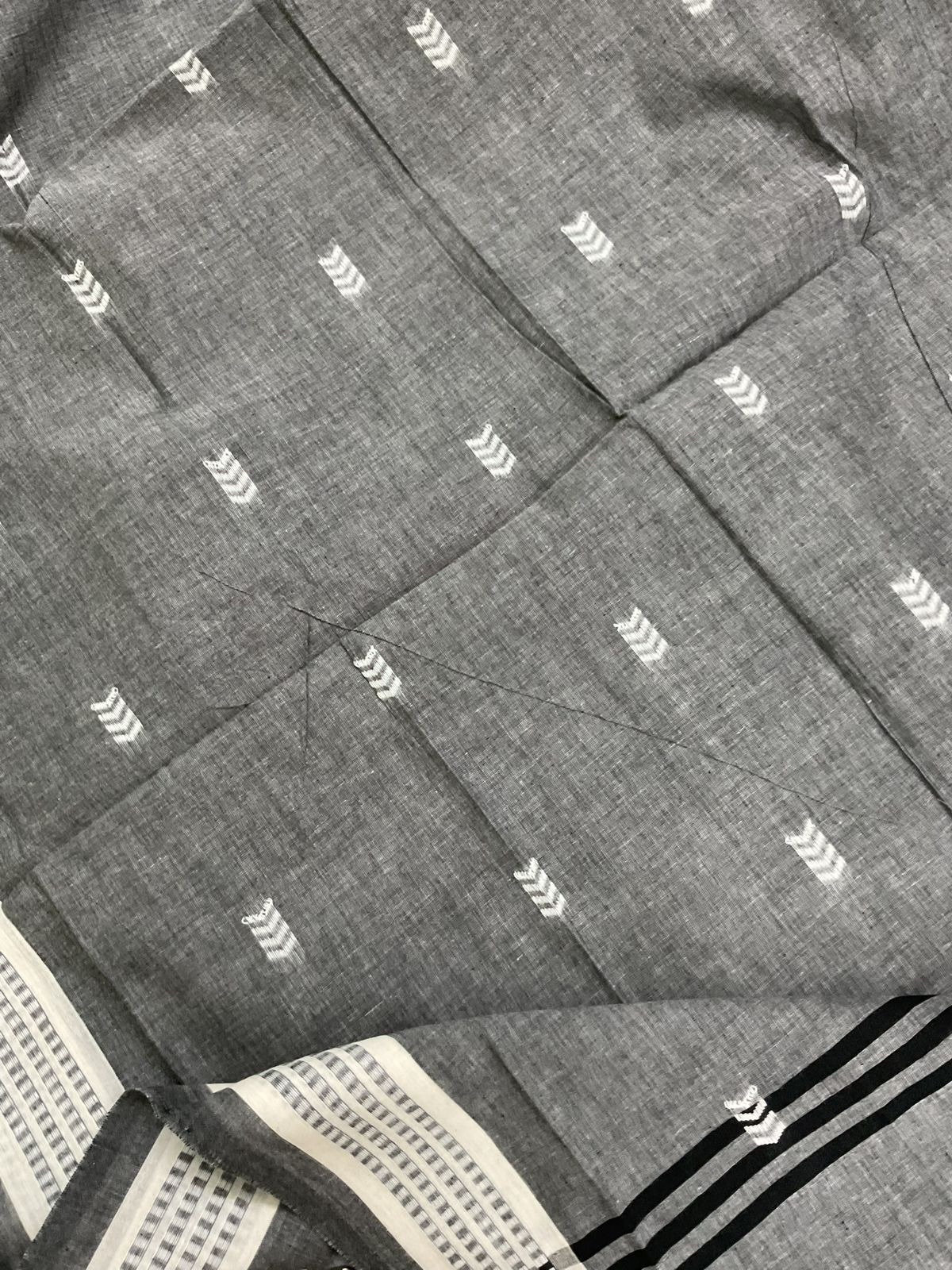 Pure Handloom Cotton Self Weaved Embroidered Suit - Grey