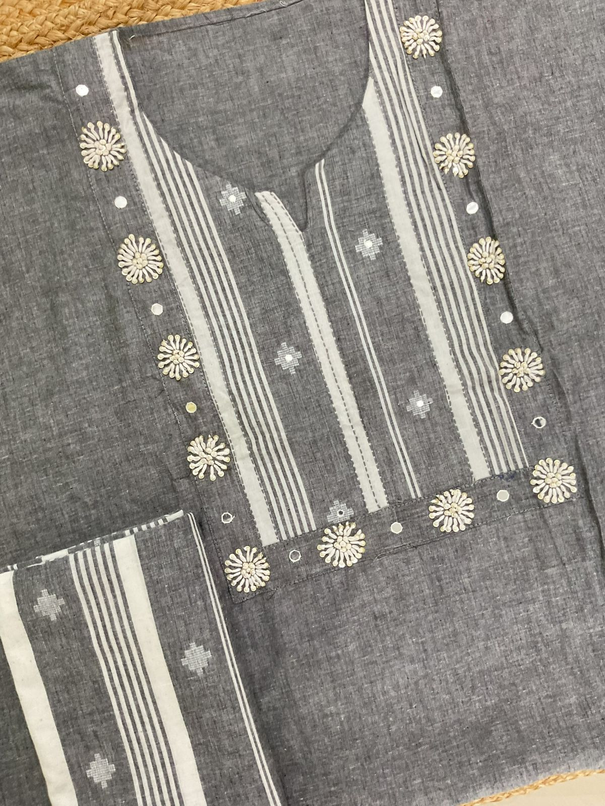 Pure Handloom Cotton Self Weaved Embroidered Suit - Grey