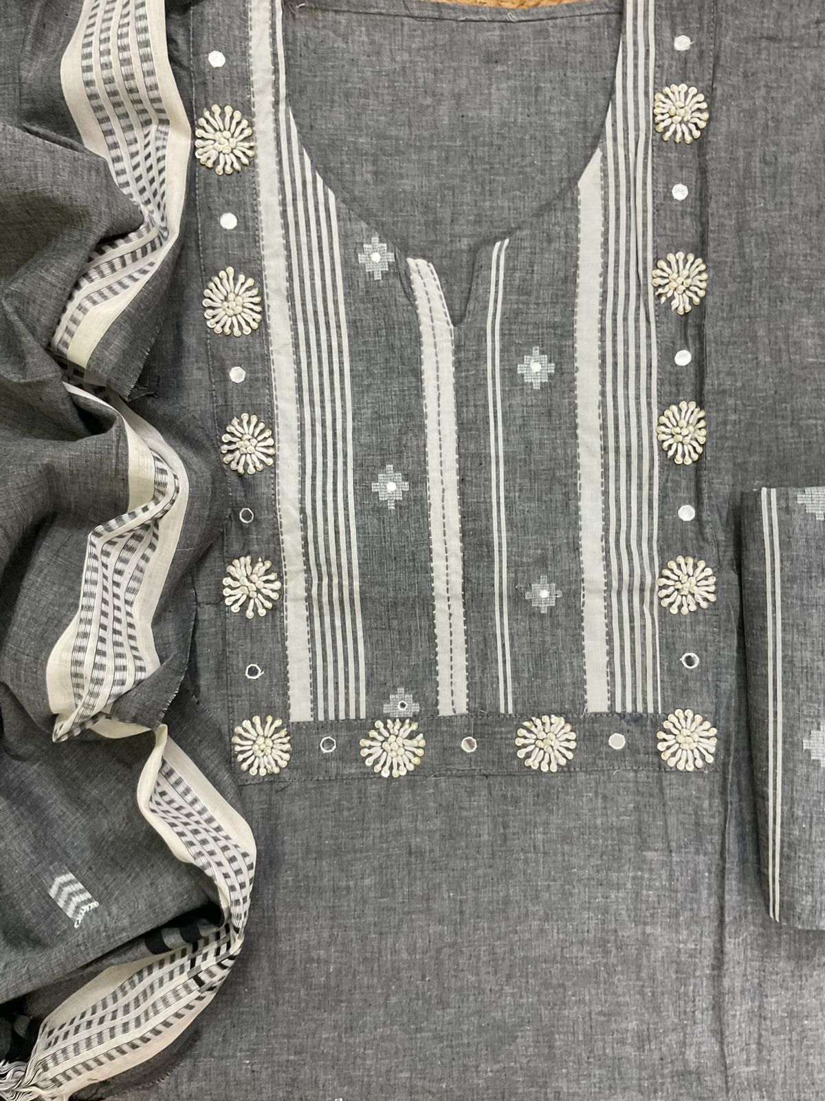 Pure Handloom Cotton Self Weaved Embroidered Suit - Grey