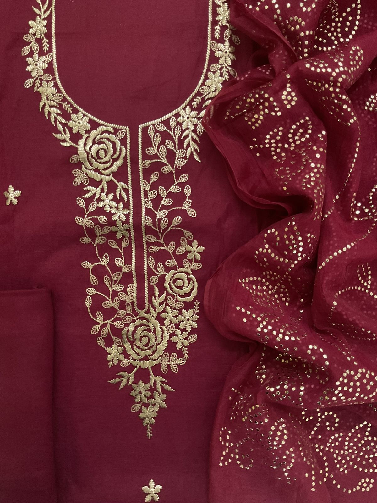Soft Chanderi Embroidered Suit - Maroon