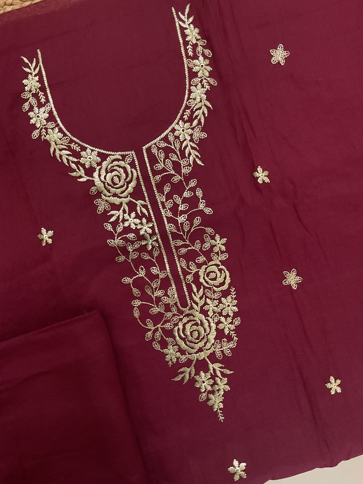 Soft Chanderi Embroidered Suit - Maroon