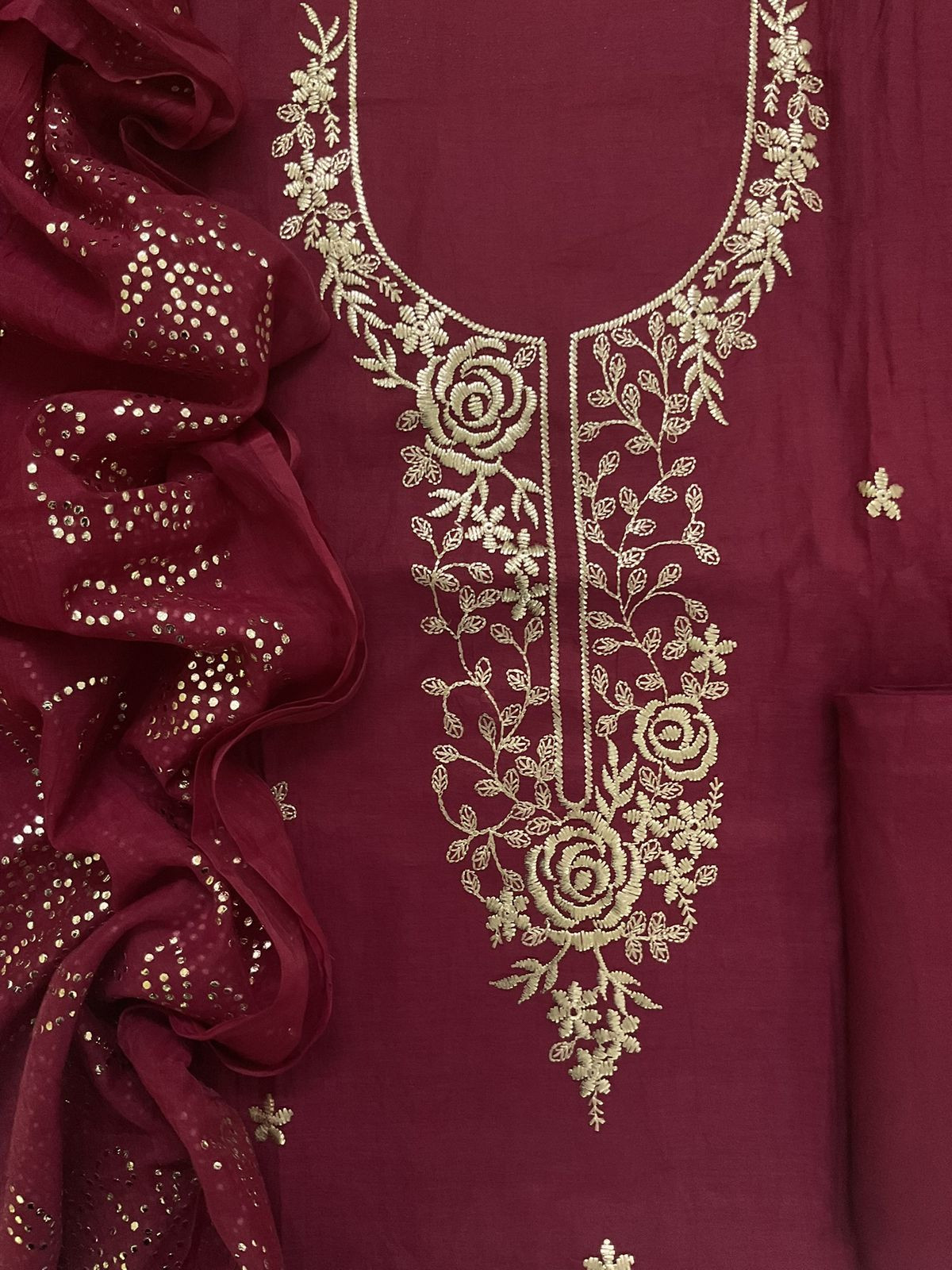 Soft Chanderi Embroidered Suit - Maroon