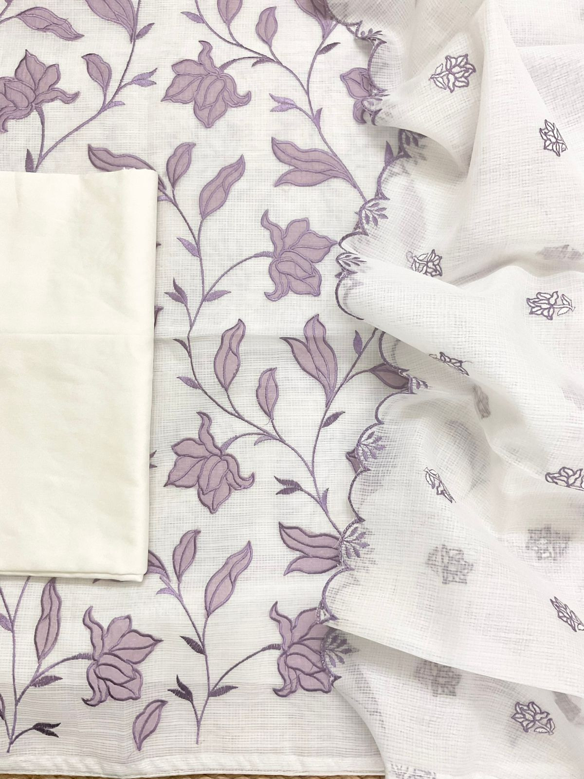 Soft Kota Silk Embroidered Suit - Off White