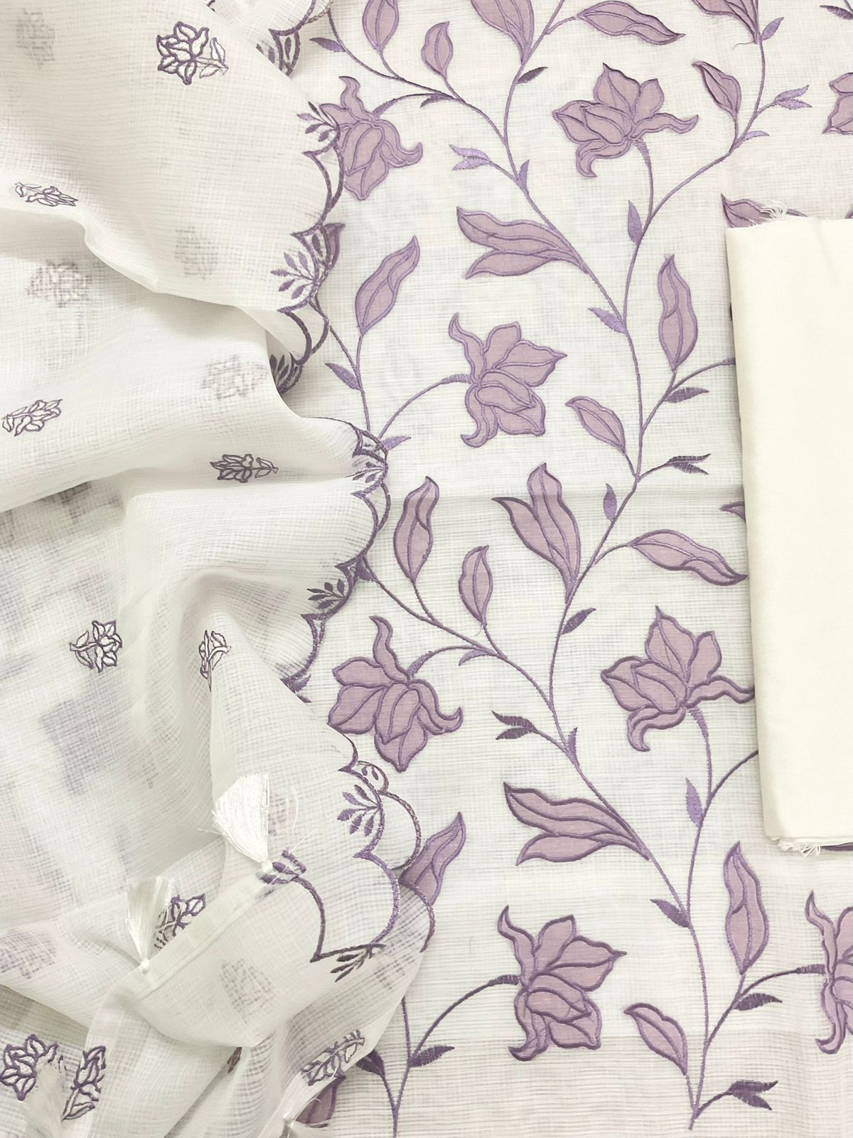 Soft Kota Silk Embroidered Suit - Off White